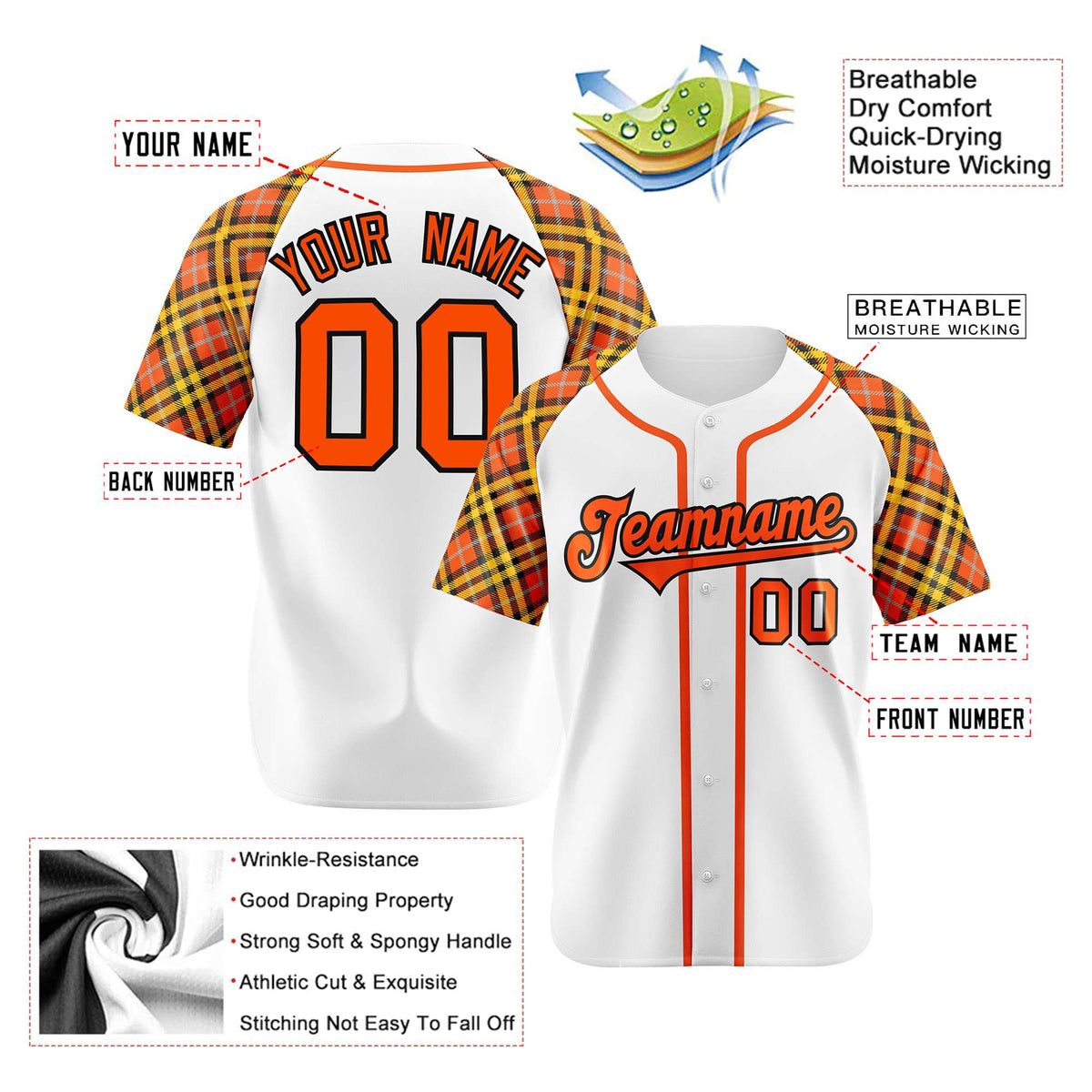 Custom White Orange-Yellow Authentic Plaid sleeve Baseball Jersey