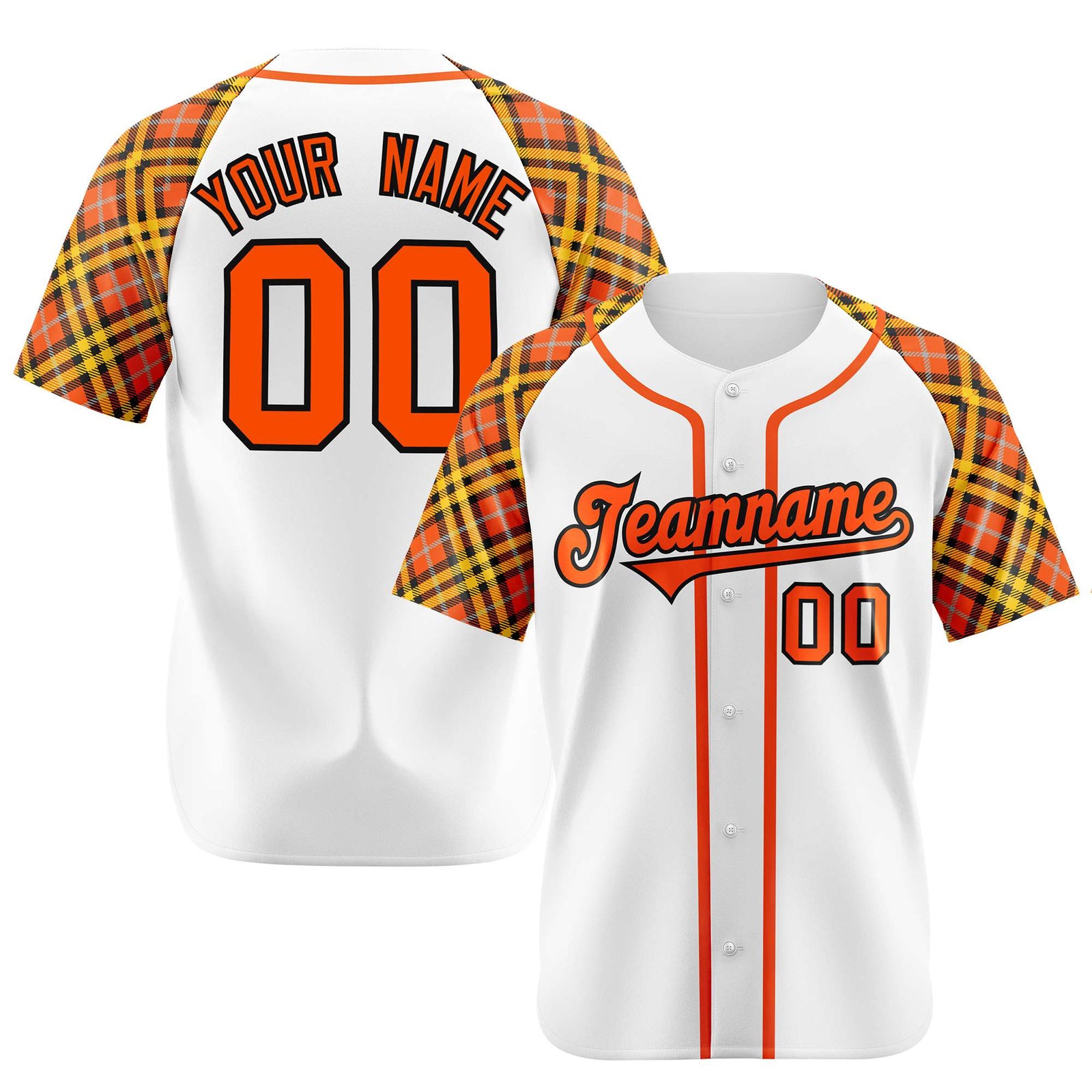 Custom White Orange-Yellow Authentic Plaid sleeve Baseball Jersey