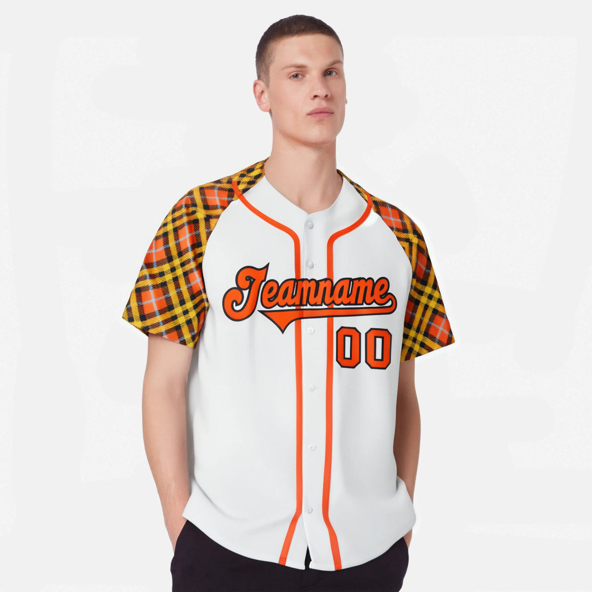 Custom White Orange-Yellow Authentic Plaid sleeve Baseball Jersey