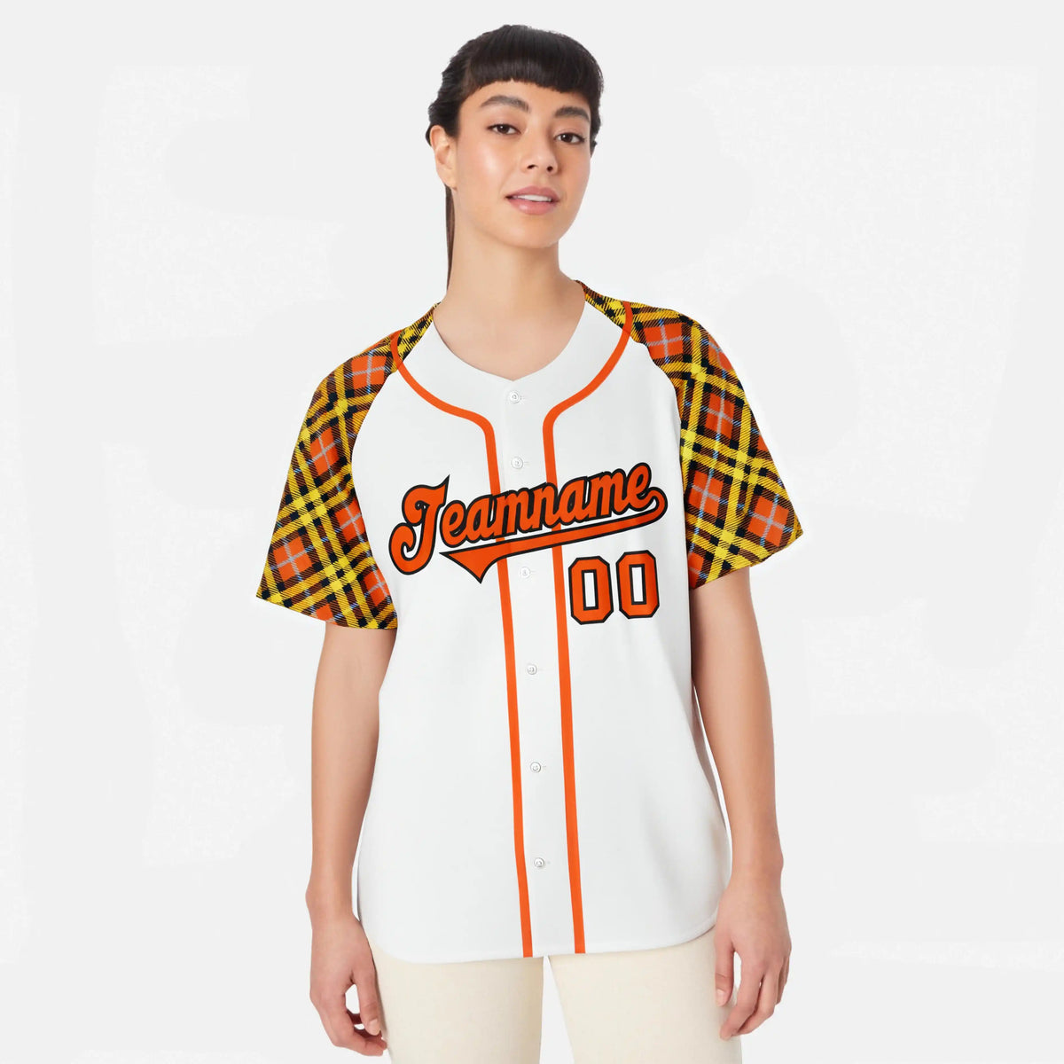 Custom White Orange-Yellow Authentic Plaid sleeve Baseball Jersey