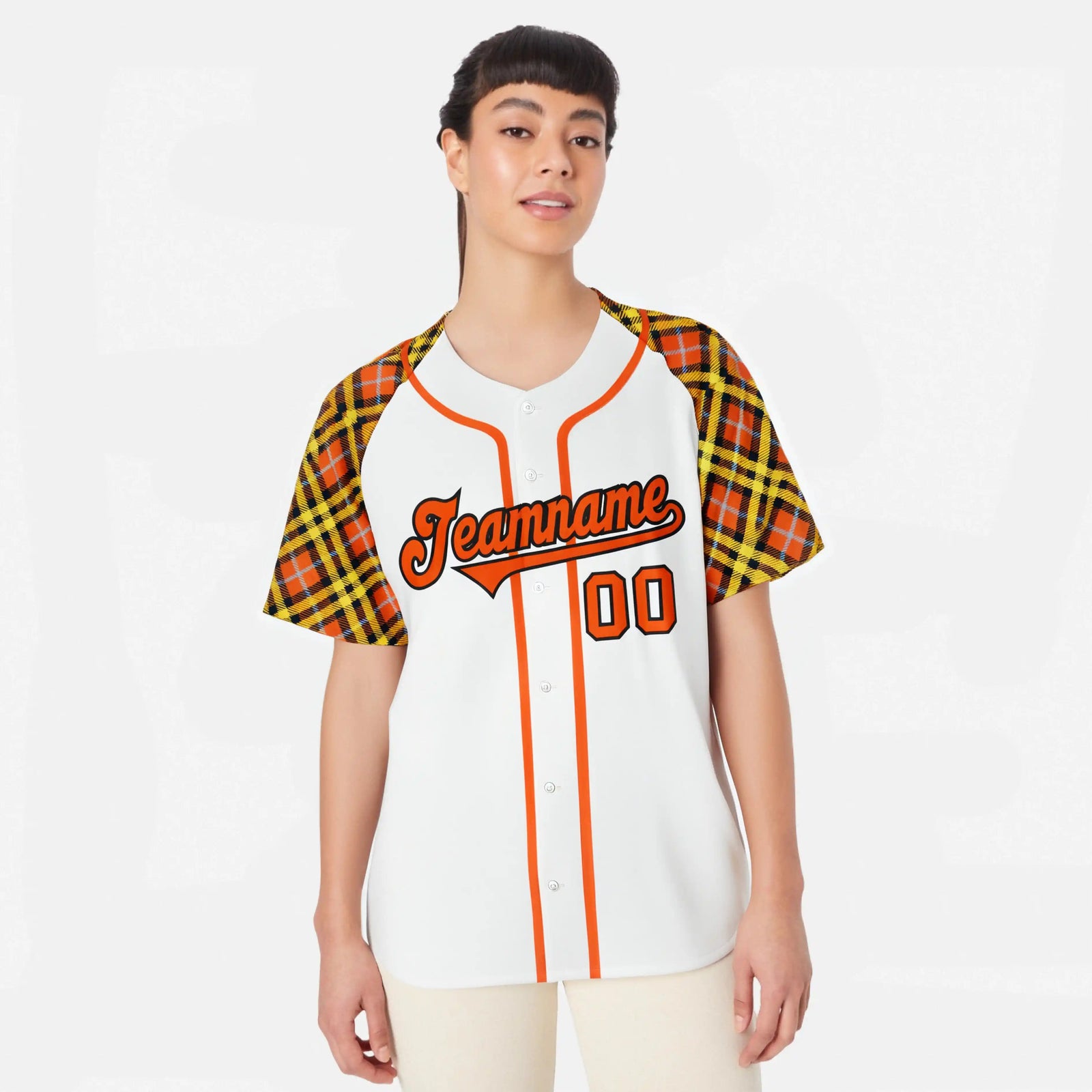 Custom White Orange-Yellow Authentic Plaid sleeve Baseball Jersey