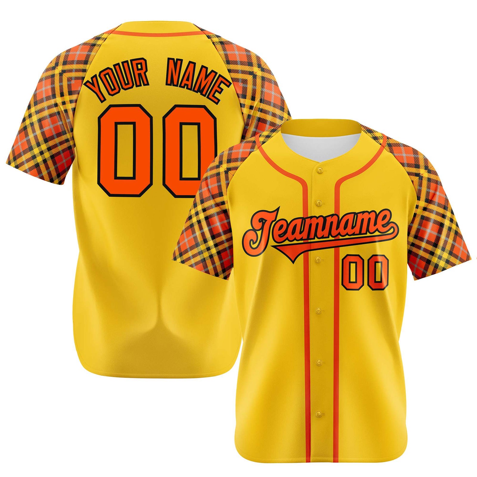 Custom Yellow Orange-Black Authentic Plaid sleeve Baseball Jersey