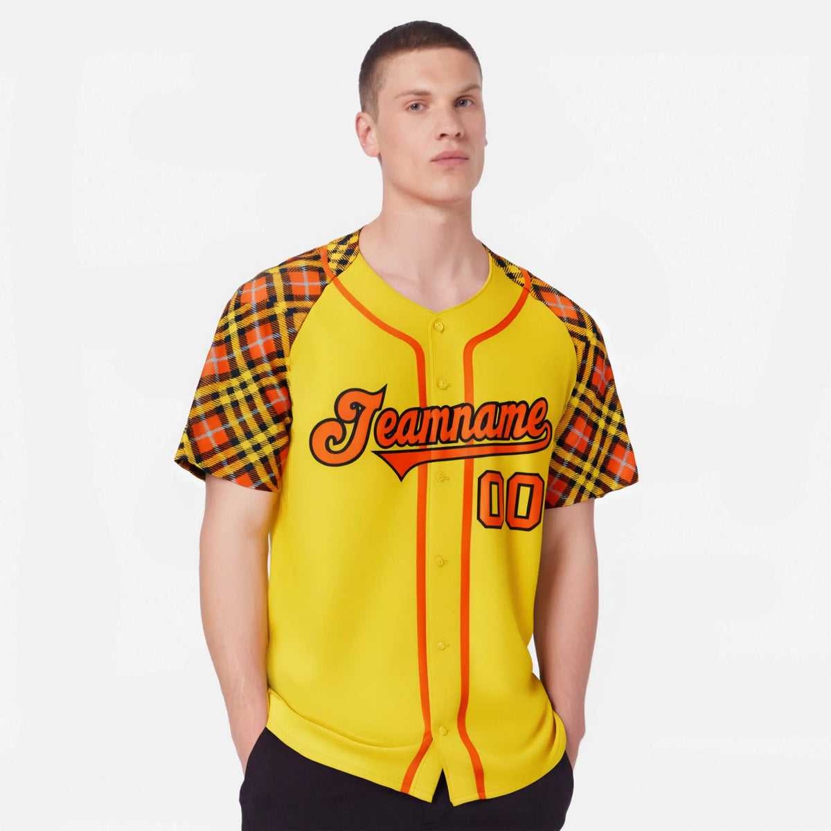Custom Yellow Orange-Black Authentic Plaid sleeve Baseball Jersey