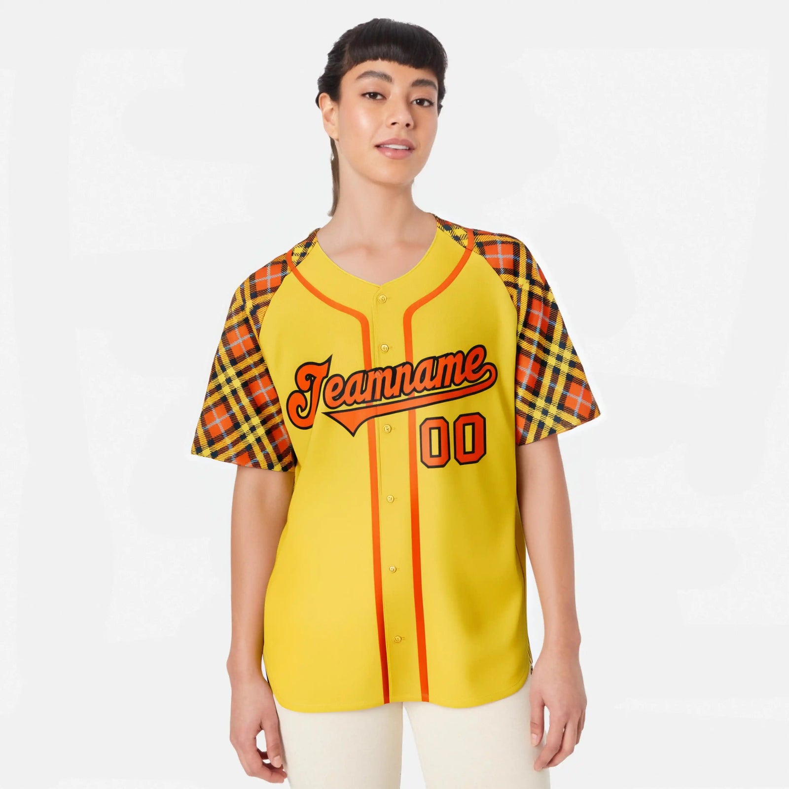 Custom Yellow Orange-Black Authentic Plaid sleeve Baseball Jersey