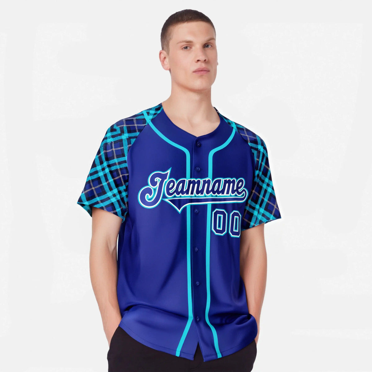 Custom Electric Blue Light Blue White Authentic Plaid sleeve Baseball Jersey