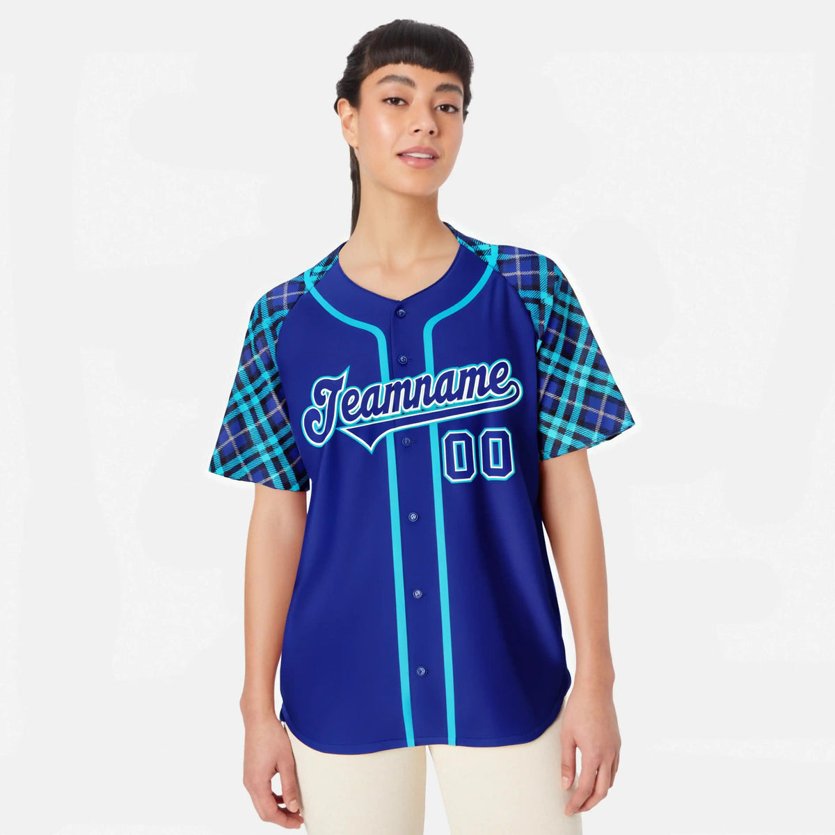 Custom Electric Blue Light Blue White Authentic Plaid sleeve Baseball Jersey