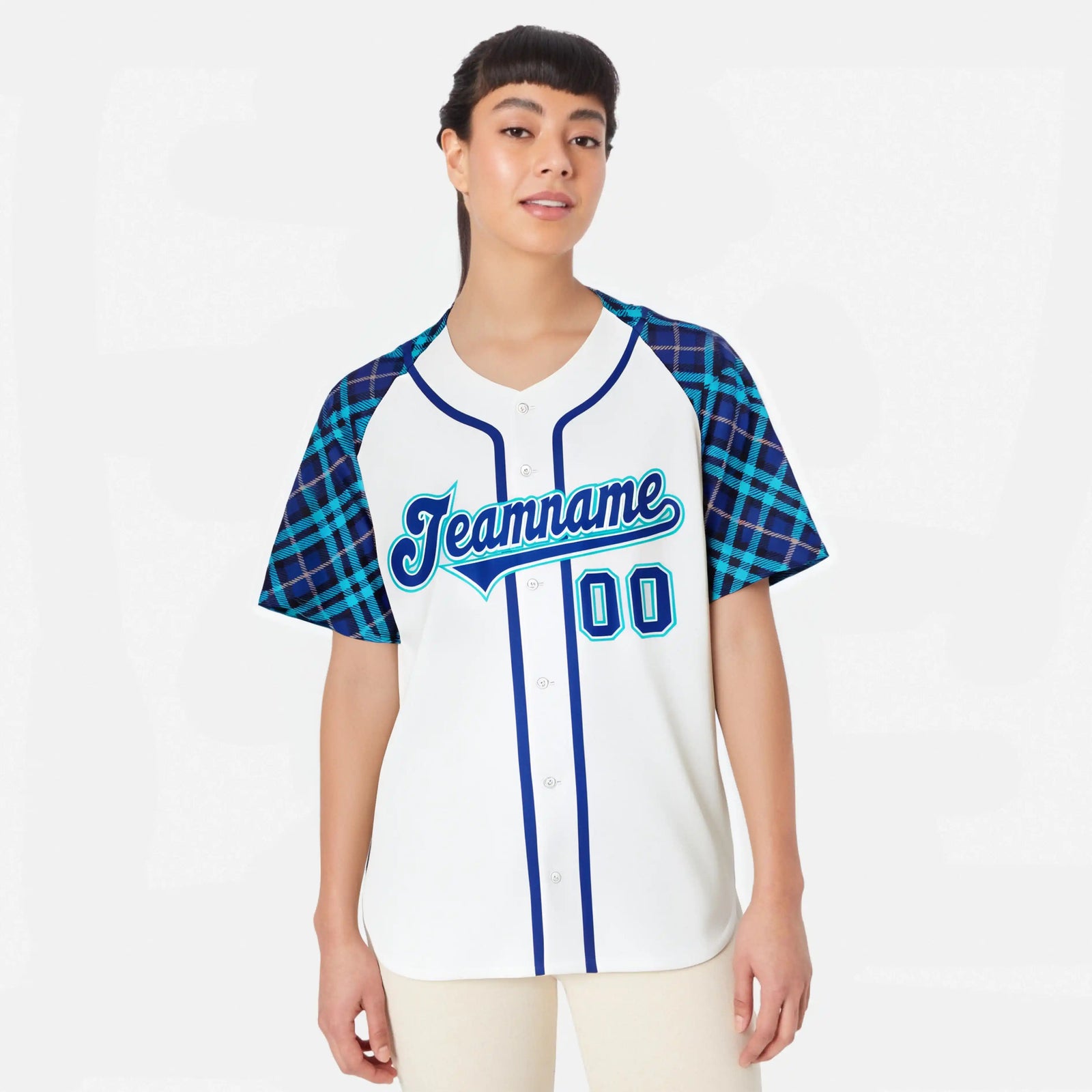 Custom White Purple Light Bule Authentic Plaid sleeve Baseball Jersey