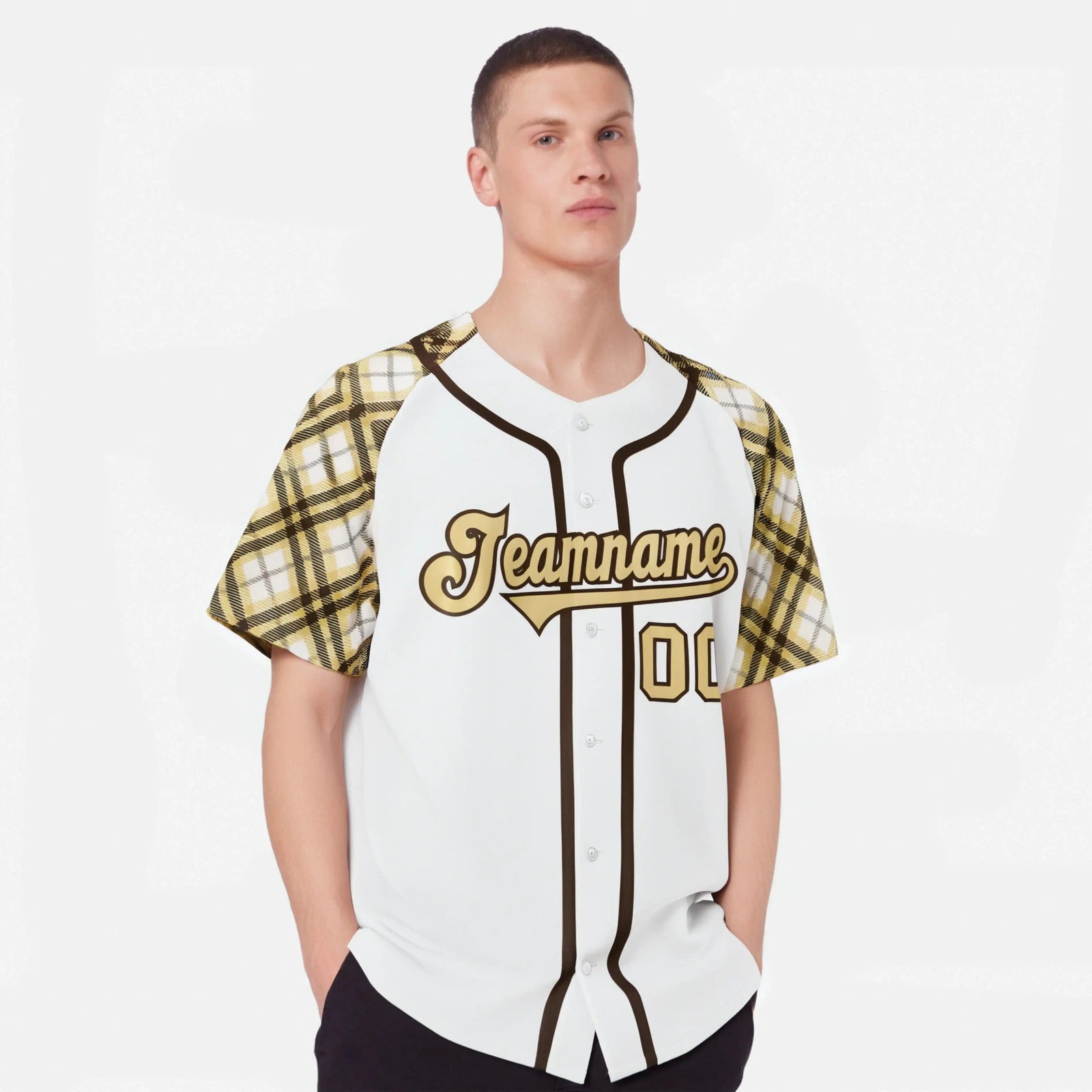 Custom White Old-Gold Black Authentic Plaid sleeve Baseball Jersey