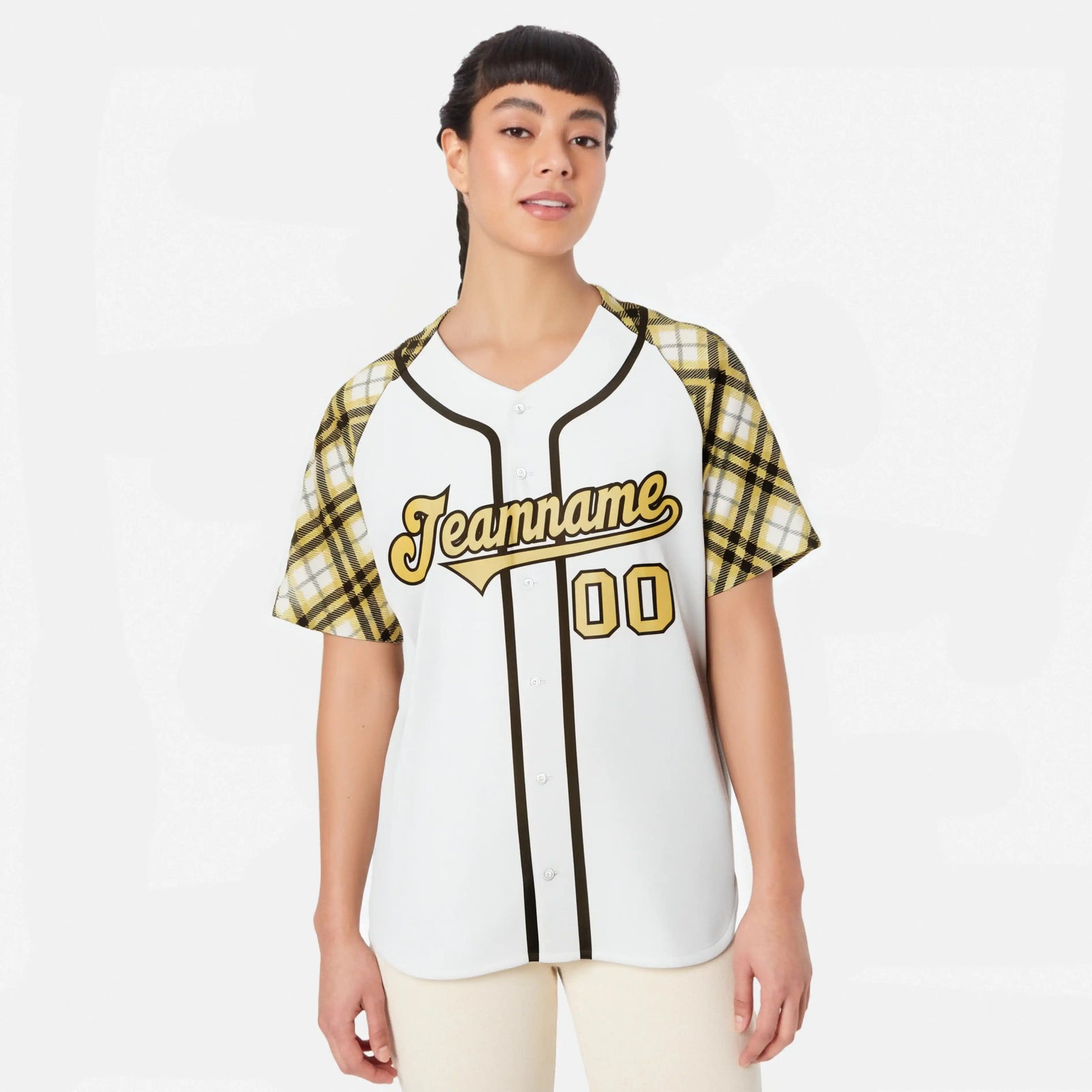 Custom White Old-Gold Black Authentic Plaid sleeve Baseball Jersey