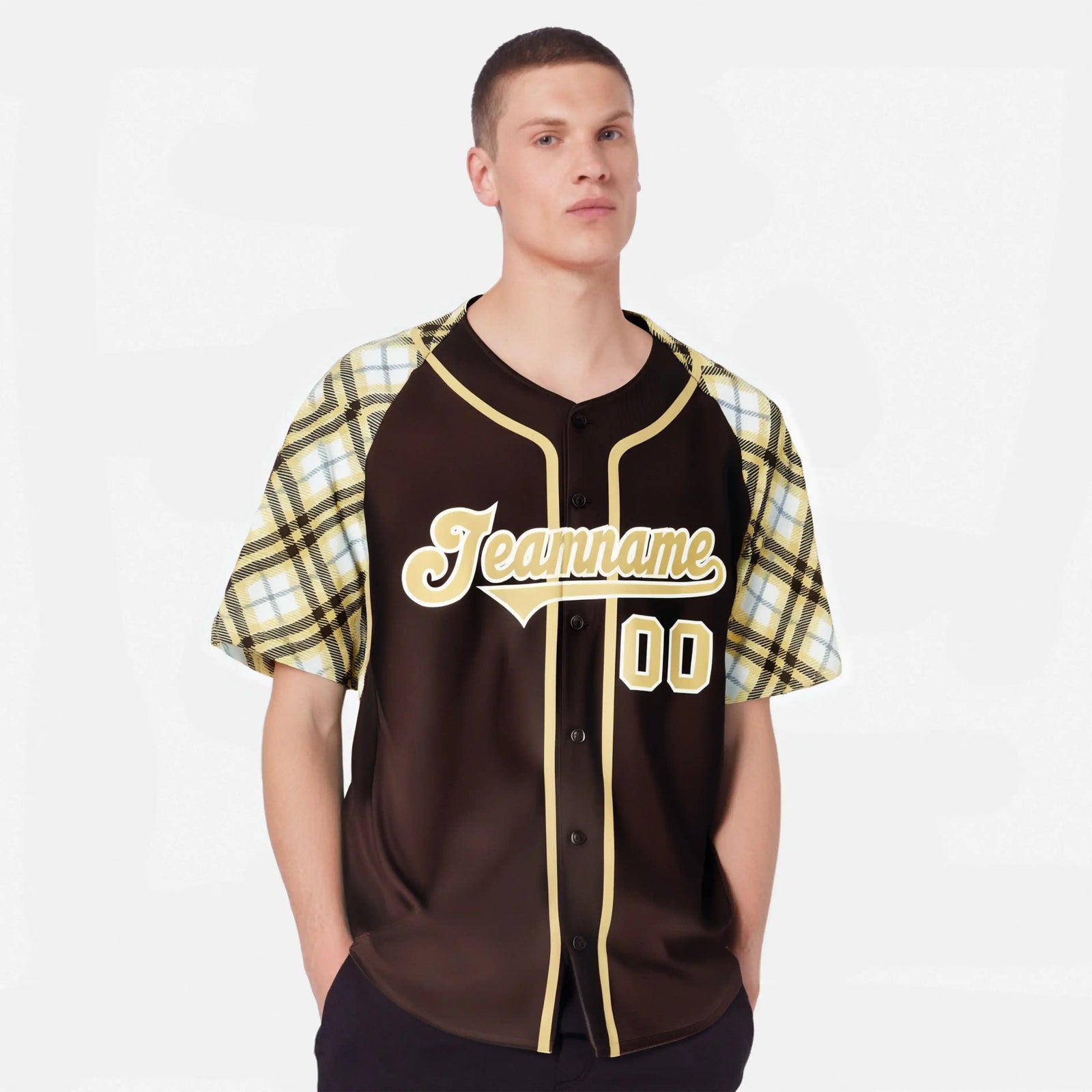 Custom Brown Old-Gold White Authentic Plaid sleeve Baseball Jersey