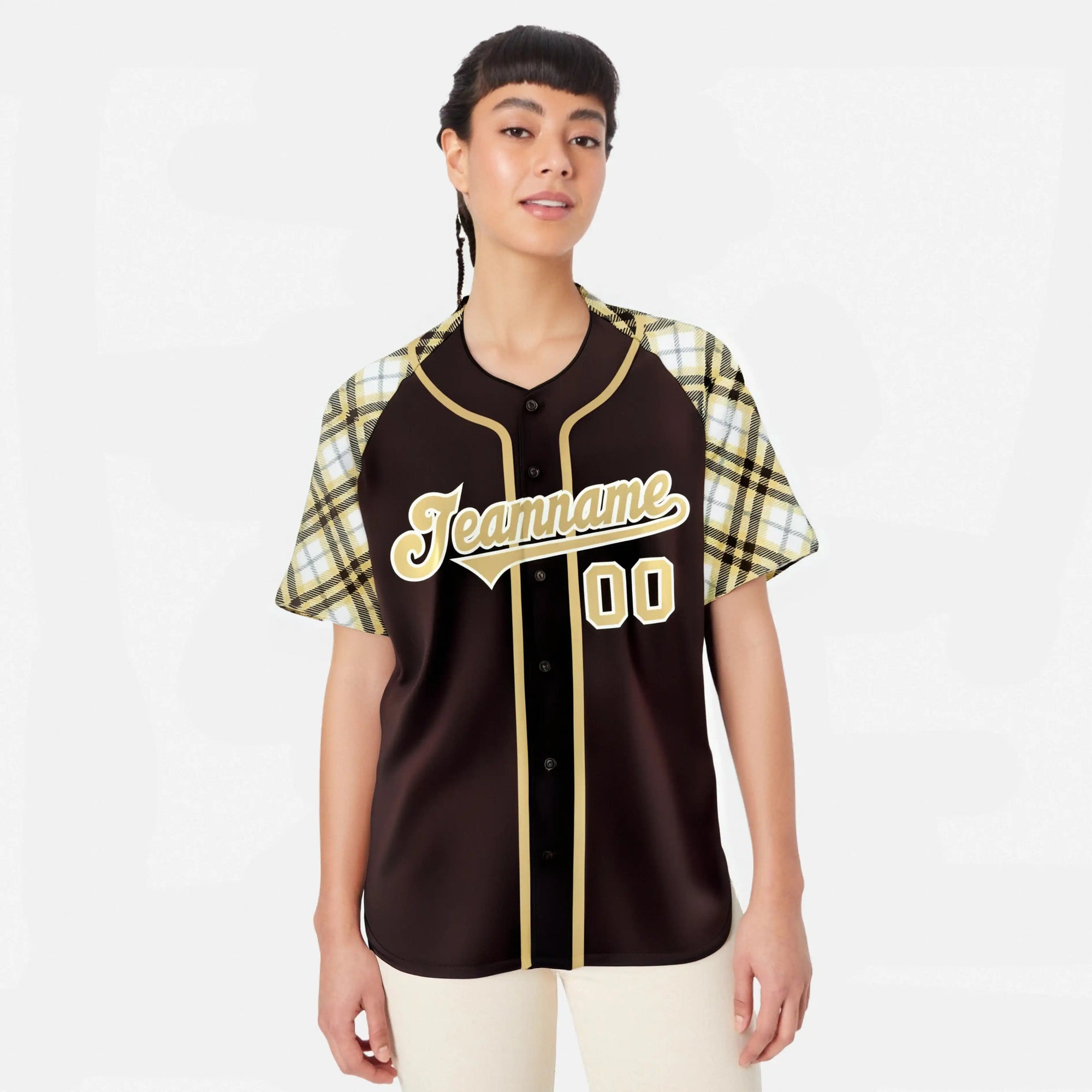 Custom Brown Old-Gold White Authentic Plaid sleeve Baseball Jersey