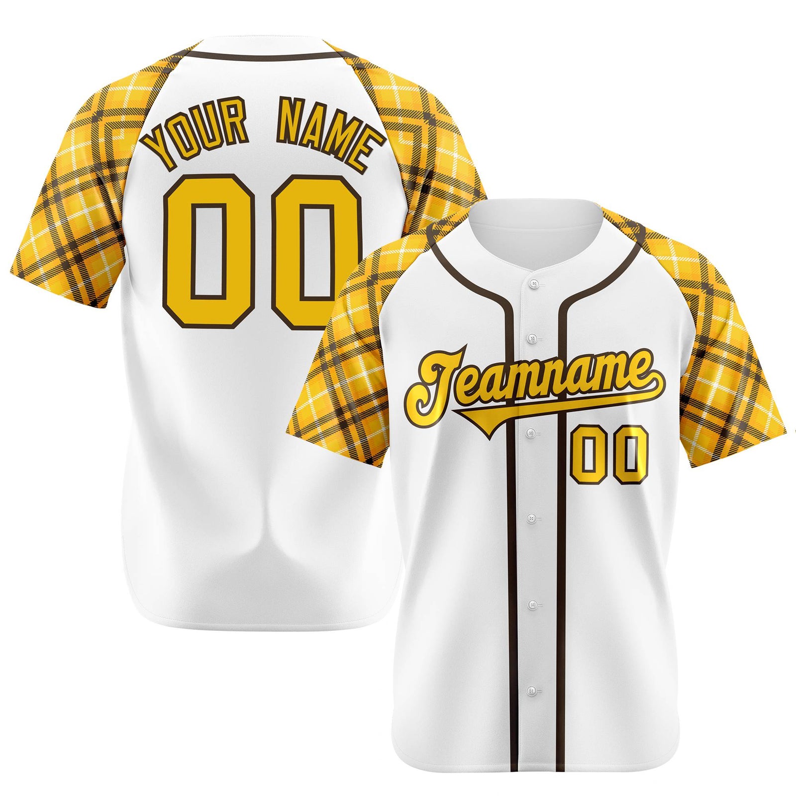Custom White Yellow-Black Authentic Plaid sleeve Baseball Jersey