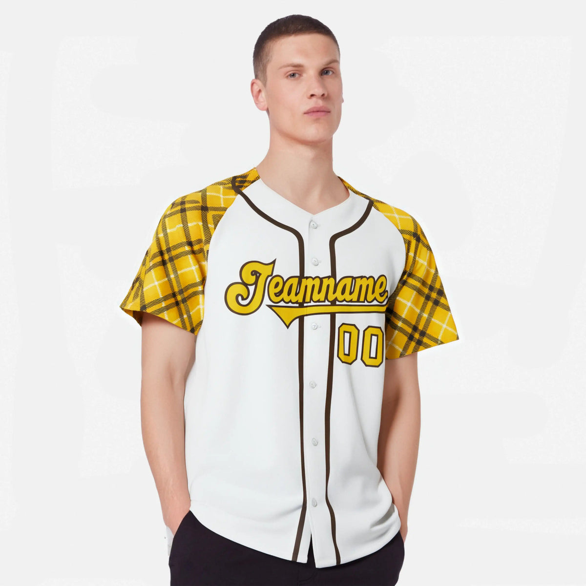Custom White Yellow-Black Authentic Plaid sleeve Baseball Jersey