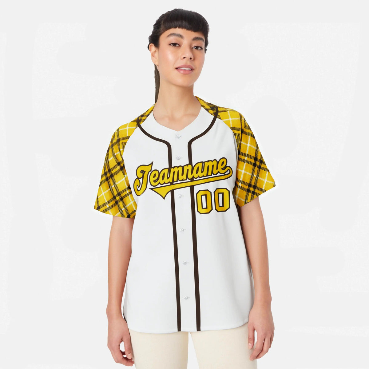 Custom White Yellow-Black Authentic Plaid sleeve Baseball Jersey