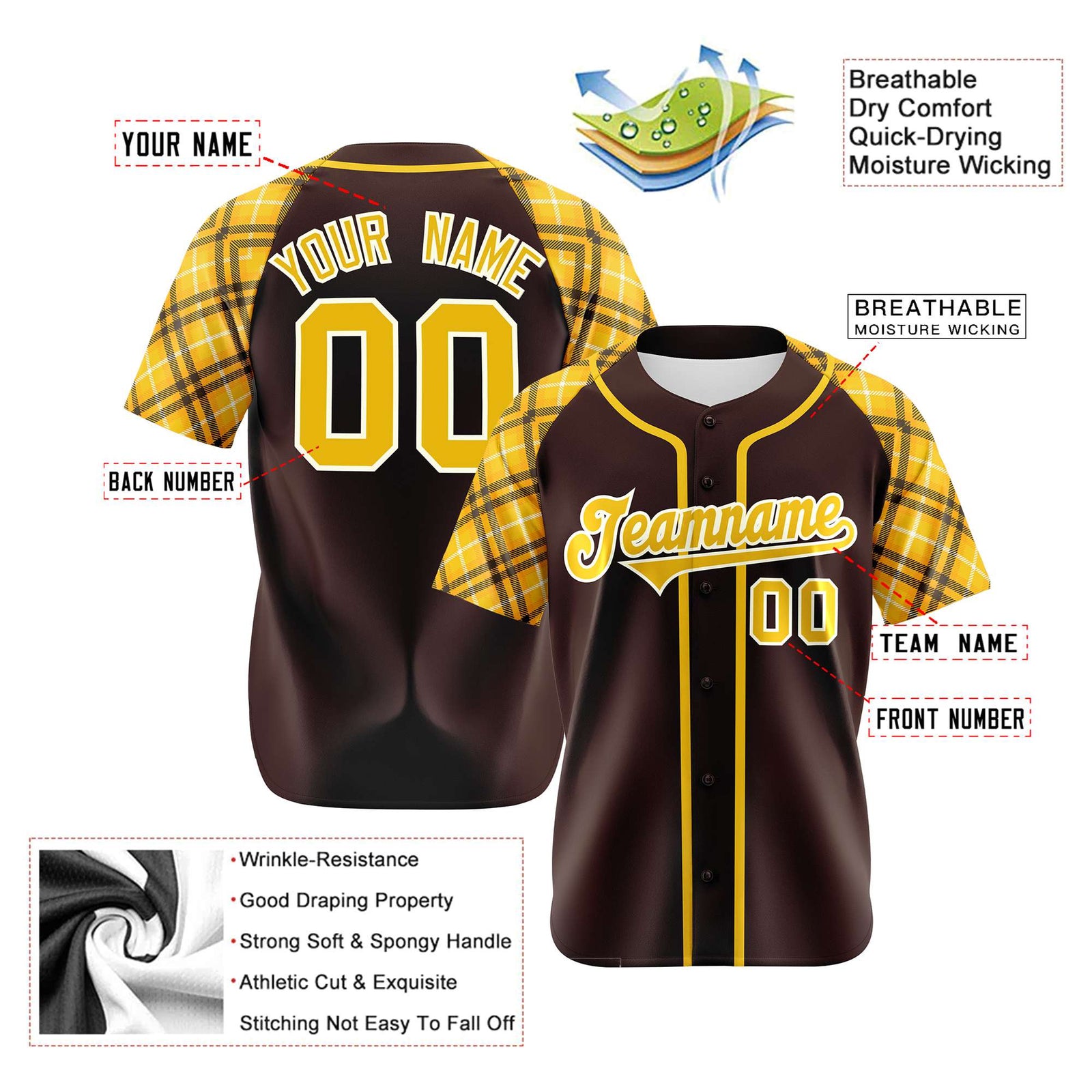 Custom Brown Yellow-White Authentic Plaid sleeve Baseball Jersey