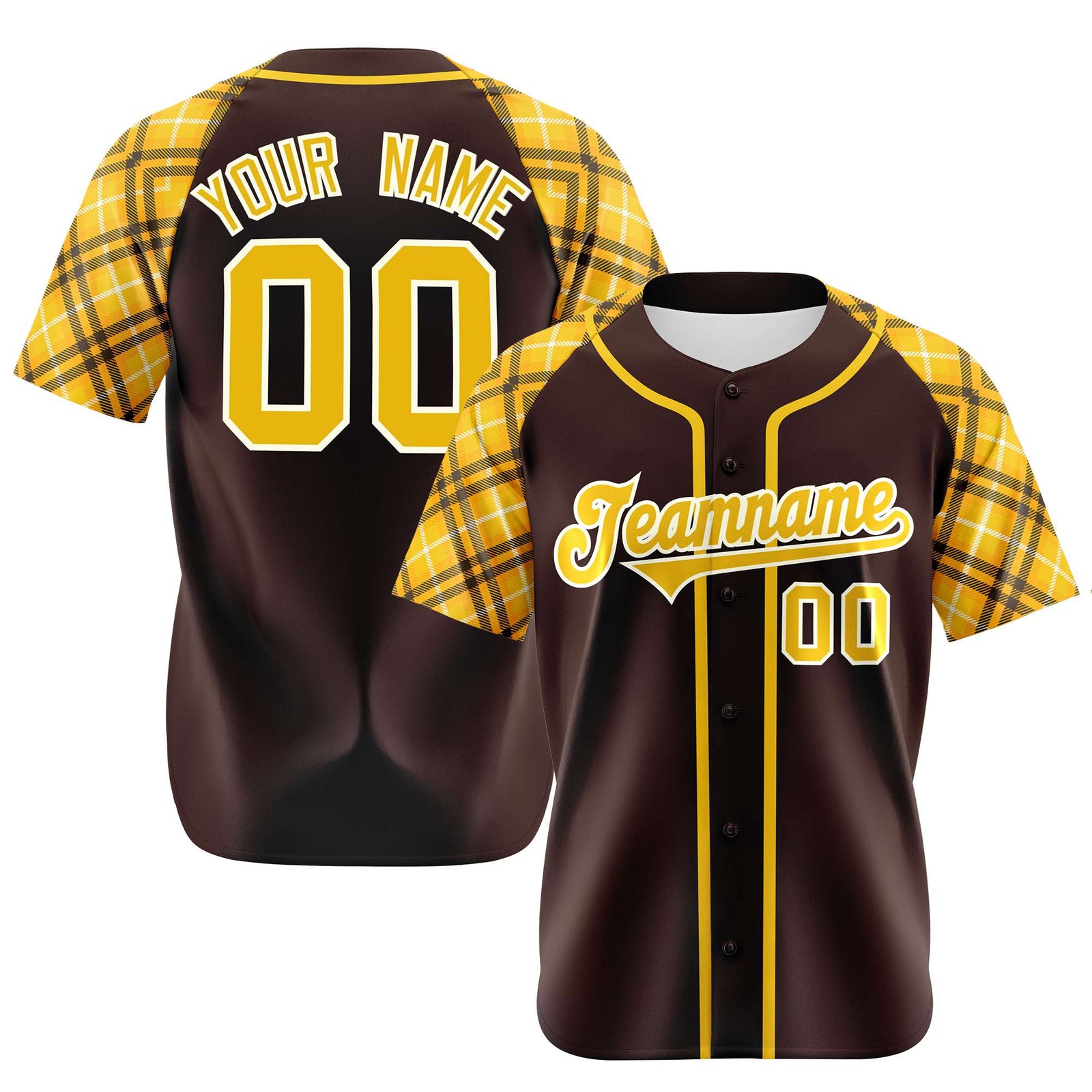 Custom Brown Yellow-White Authentic Plaid sleeve Baseball Jersey