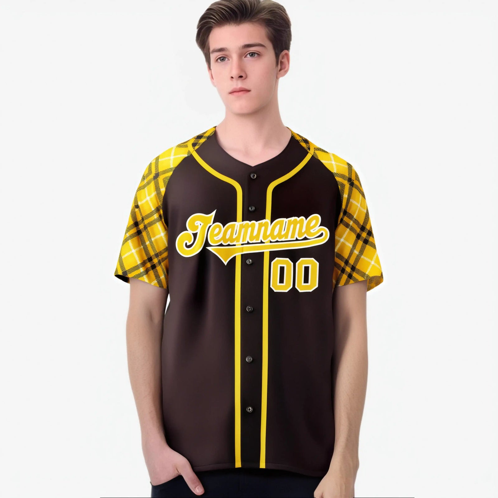 Custom Brown Yellow-White Authentic Plaid sleeve Baseball Jersey
