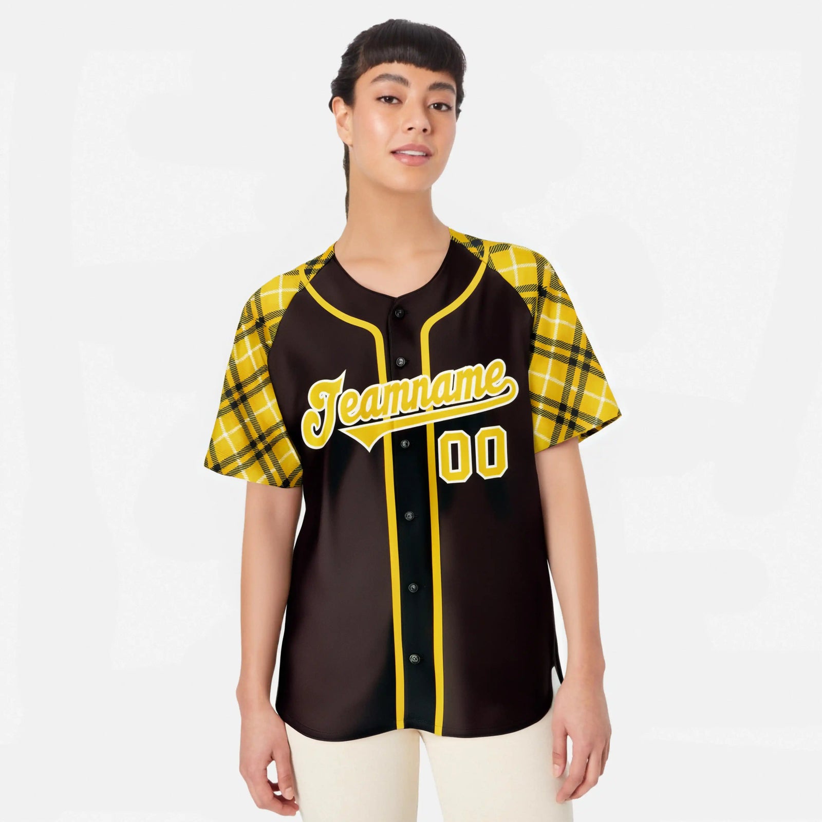 Custom Brown Yellow-White Authentic Plaid sleeve Baseball Jersey