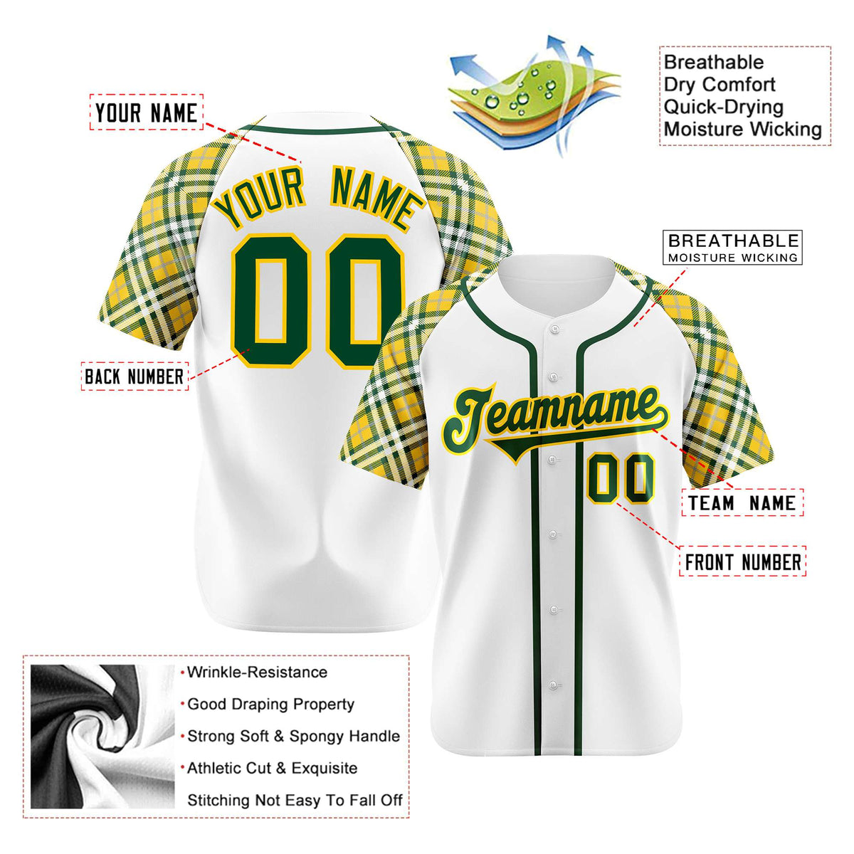 Custom White Yellow-Green Authentic Plaid sleeve Baseball Jersey