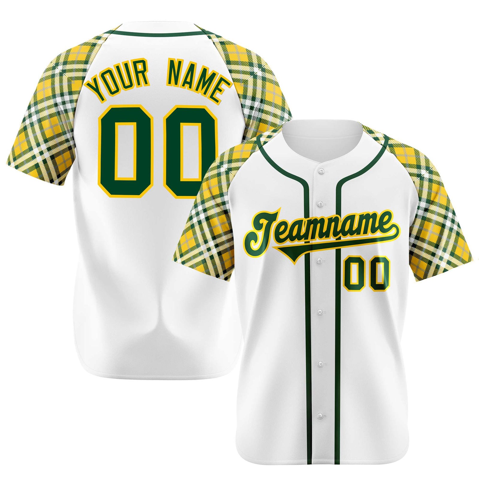 Custom White Yellow-Green Authentic Plaid sleeve Baseball Jersey