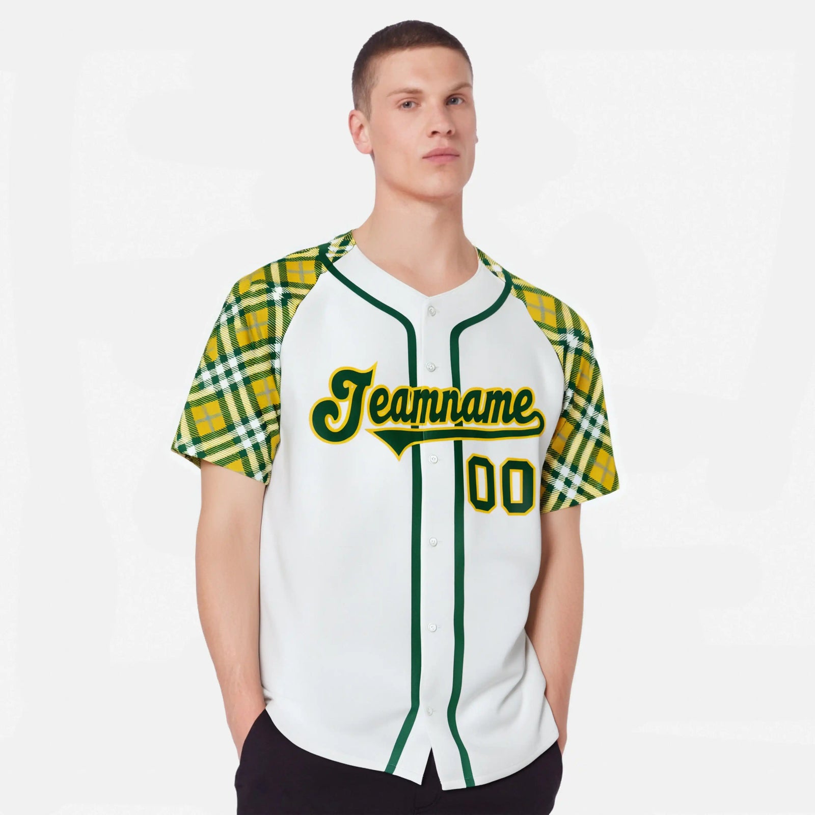 Custom White Yellow-Green Authentic Plaid sleeve Baseball Jersey