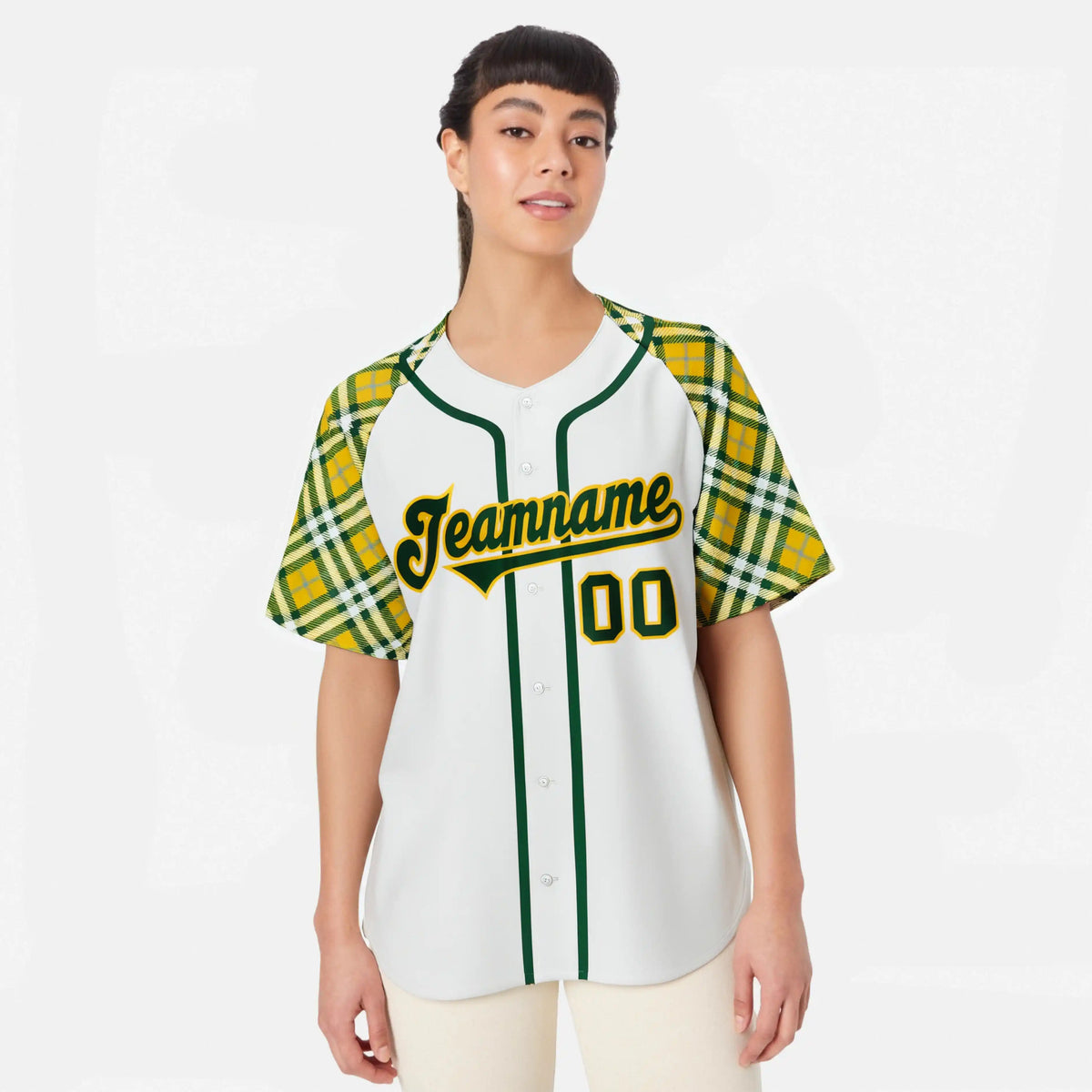 Custom White Yellow-Green Authentic Plaid sleeve Baseball Jersey