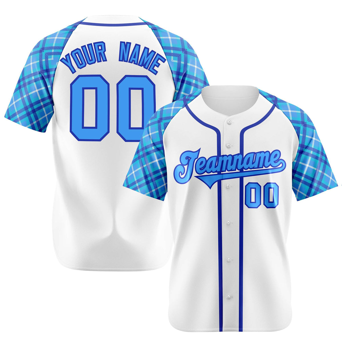 Custom White Purple-Blue Authentic Plaid sleeve Baseball Jersey