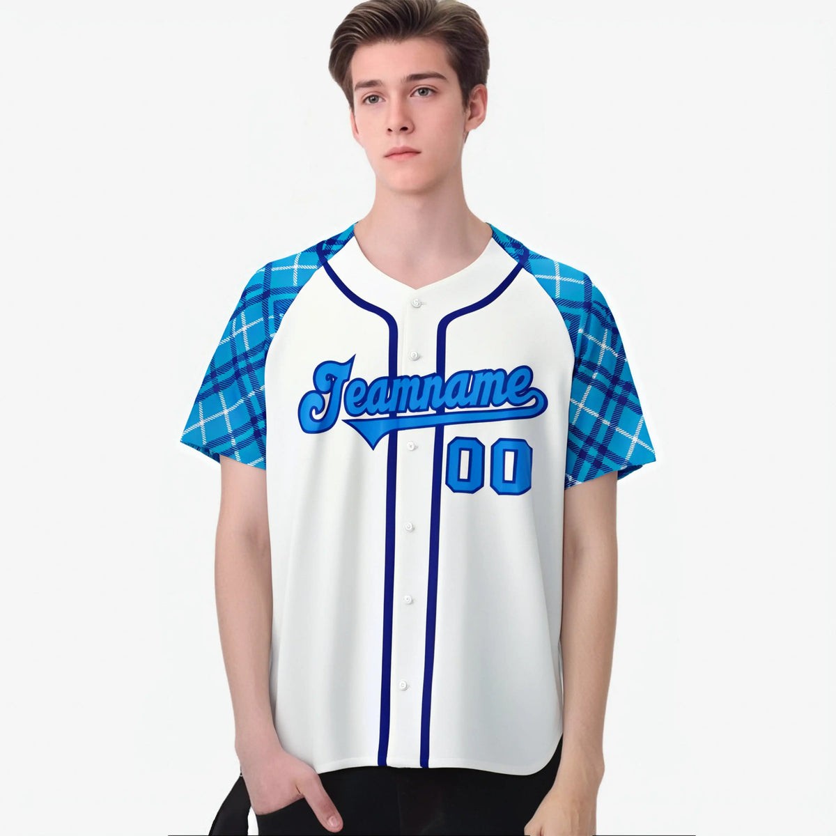 Custom White Purple-Blue Authentic Plaid sleeve Baseball Jersey