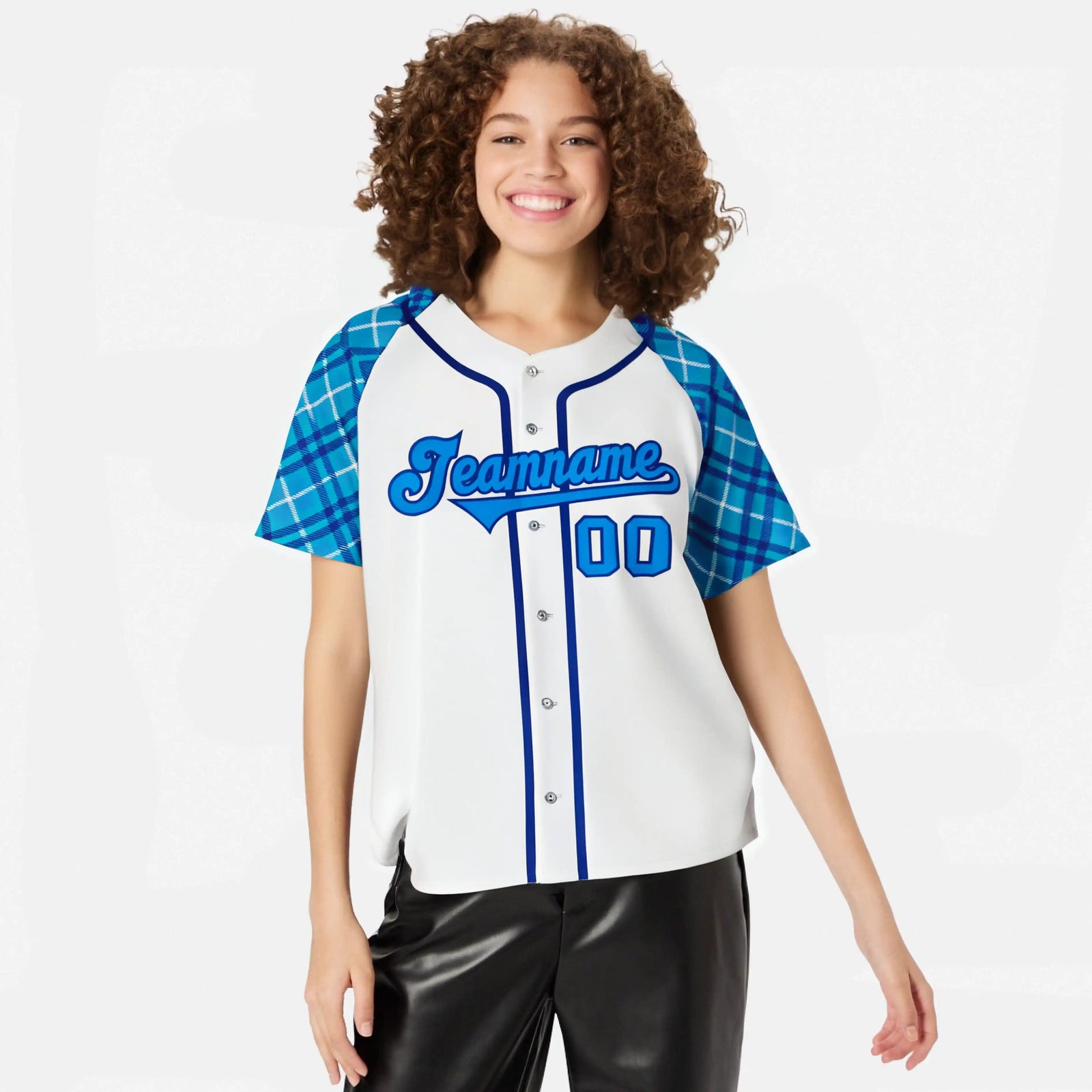 Custom White Purple-Blue Authentic Plaid sleeve Baseball Jersey