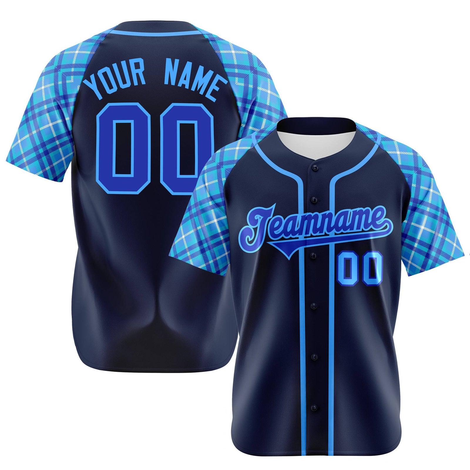Custom Navy Purple-Blue Authentic Plaid sleeve Baseball Jersey