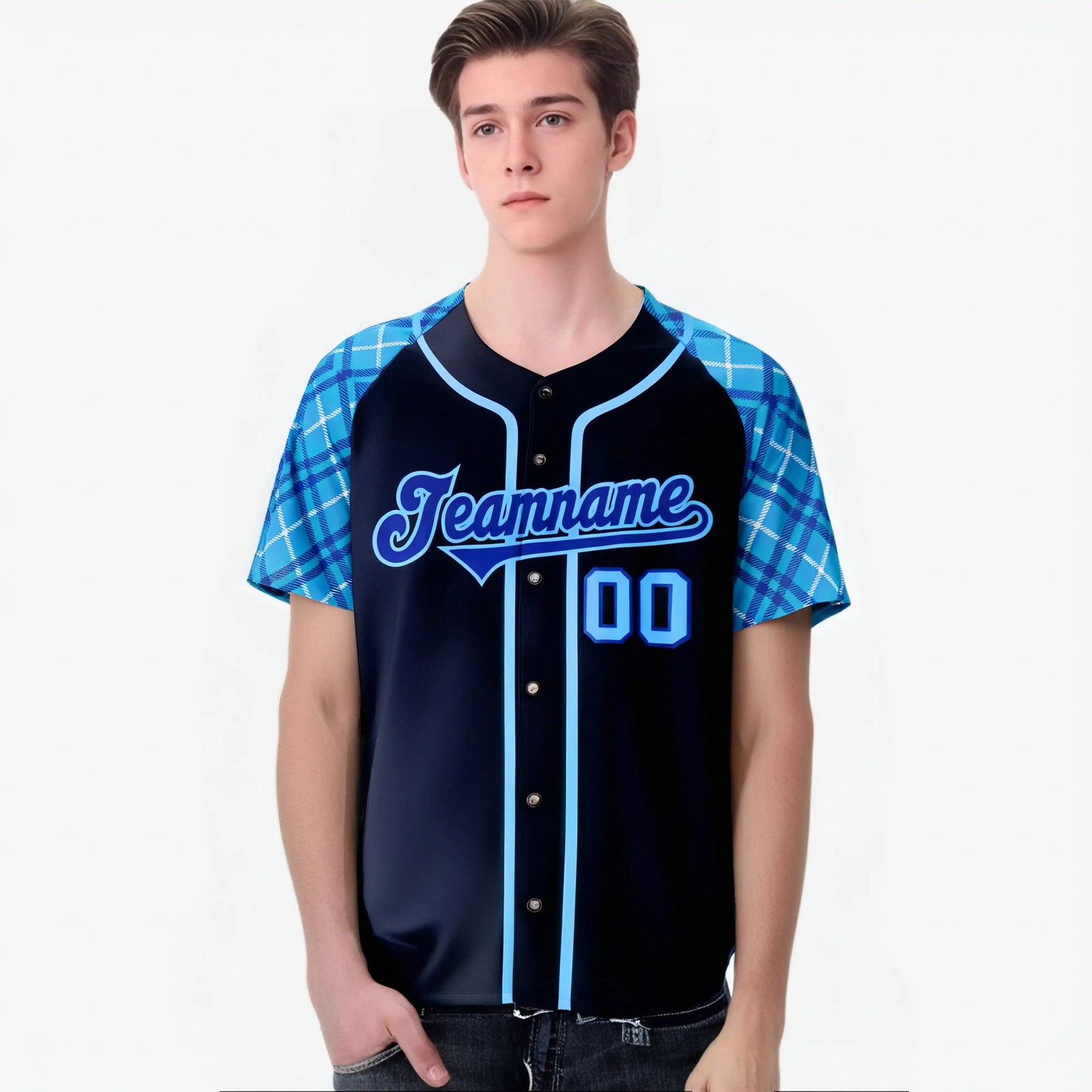 Custom Navy Purple-Blue Authentic Plaid sleeve Baseball Jersey