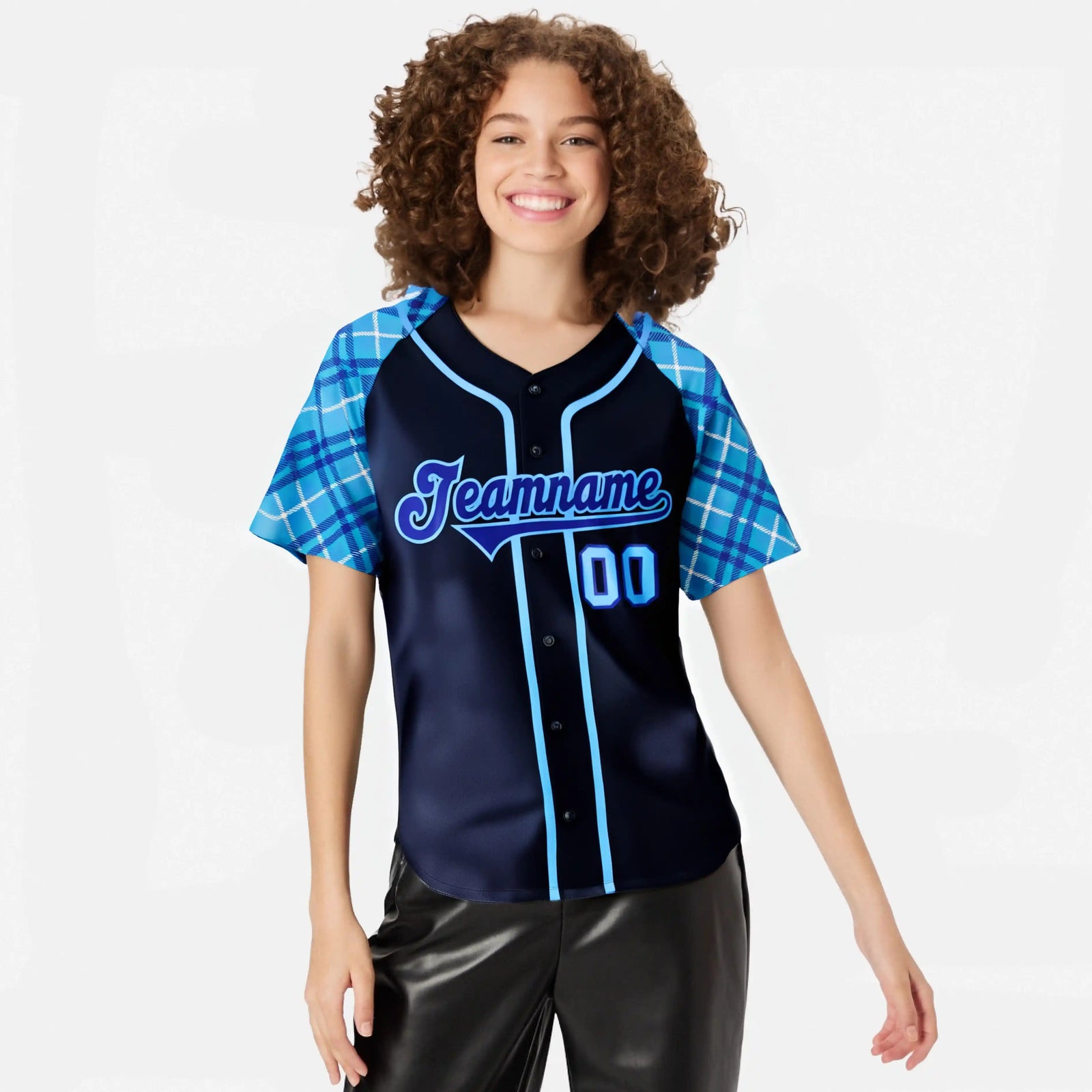 Custom Navy Purple-Blue Authentic Plaid sleeve Baseball Jersey