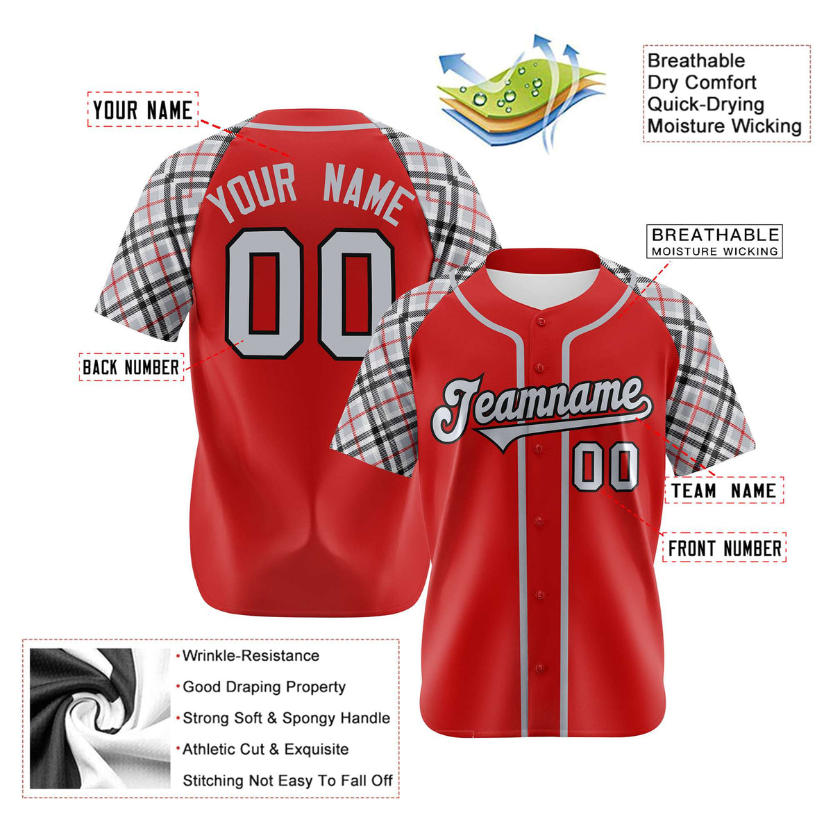 Custom Red Gray-Black Authentic Plaid sleeve Baseball Jersey