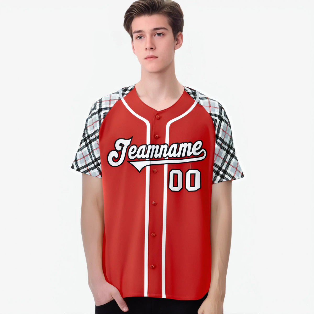Custom Red Gray-Black Authentic Plaid sleeve Baseball Jersey