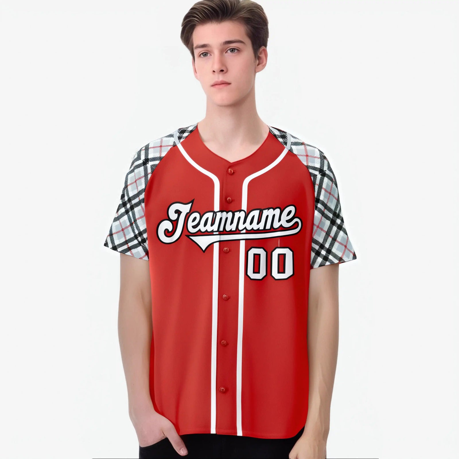 Custom Red Gray-Black Authentic Plaid sleeve Baseball Jersey