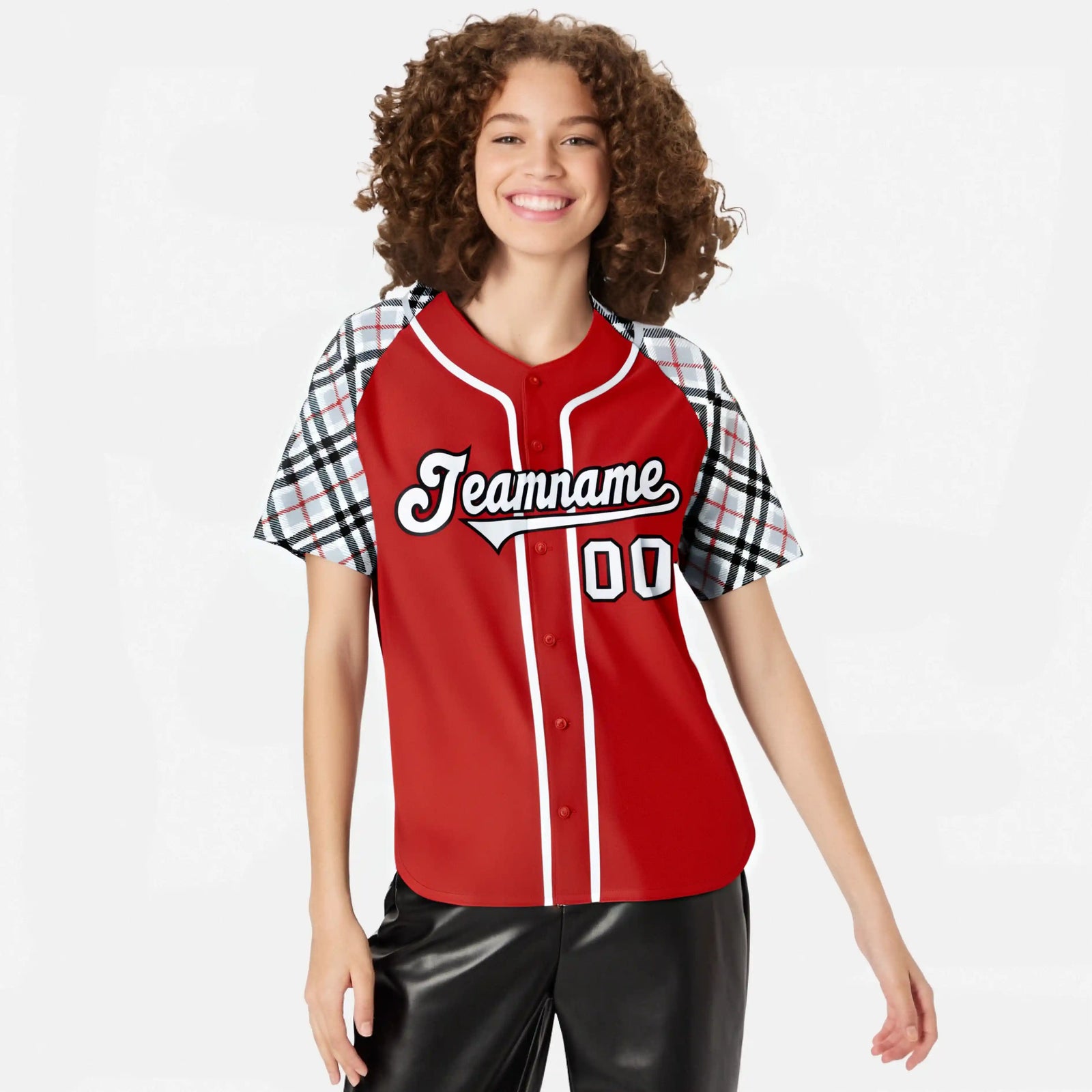 Custom Red Gray-Black Authentic Plaid sleeve Baseball Jersey