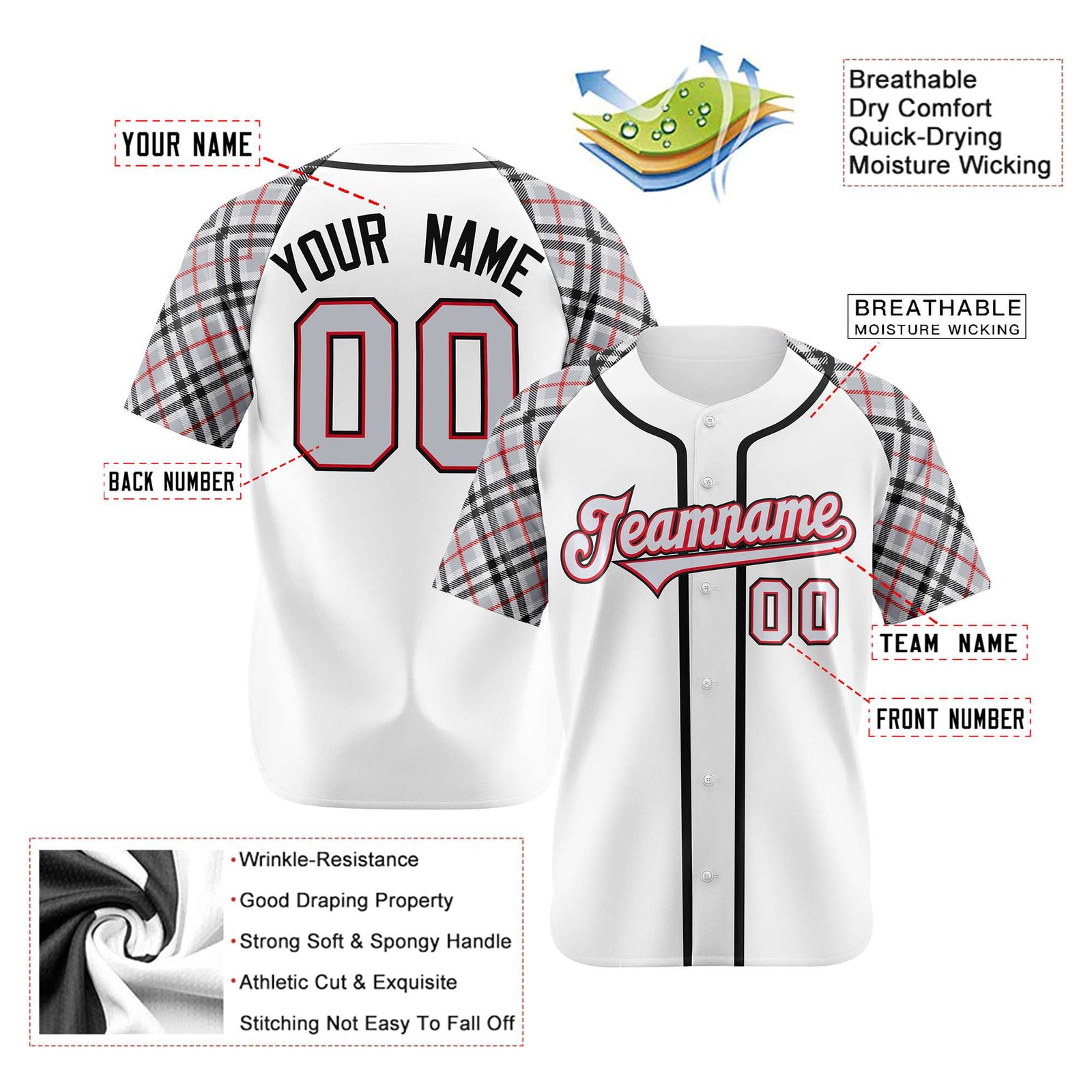Custom White Gray-Red Black Authentic Plaid sleeve Baseball Jersey