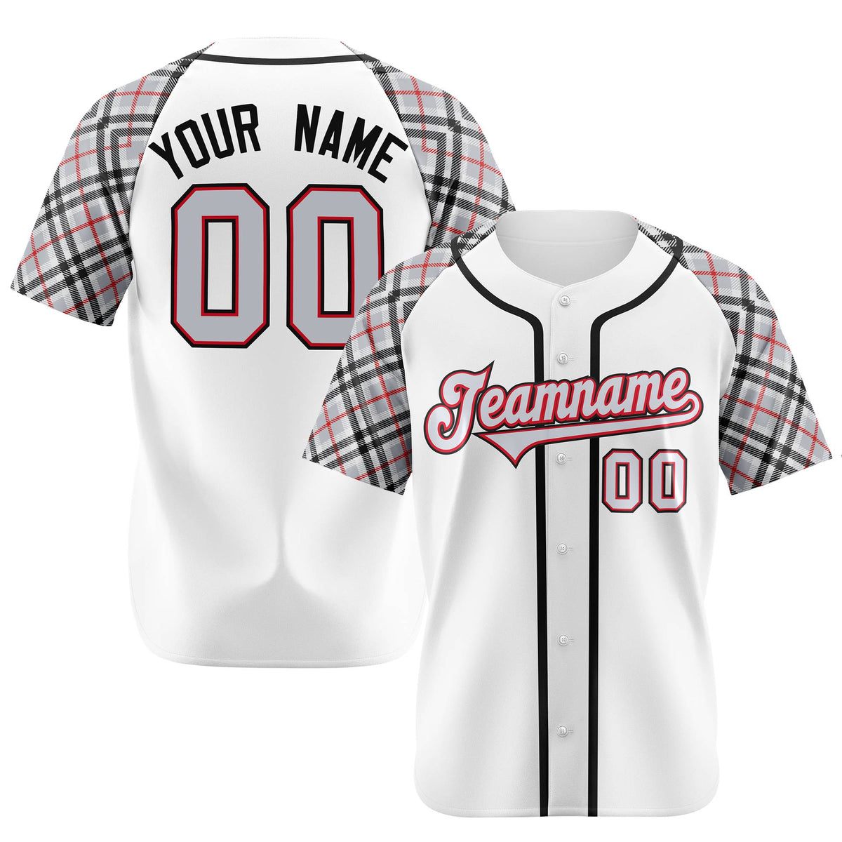 Custom White Gray-Red Black Authentic Plaid sleeve Baseball Jersey