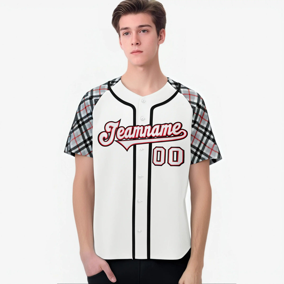 Custom White Gray-Red Black Authentic Plaid sleeve Baseball Jersey