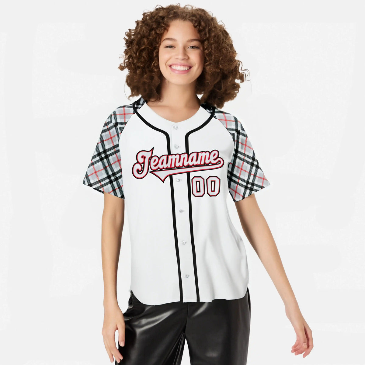 Custom White Gray-Red Black Authentic Plaid sleeve Baseball Jersey