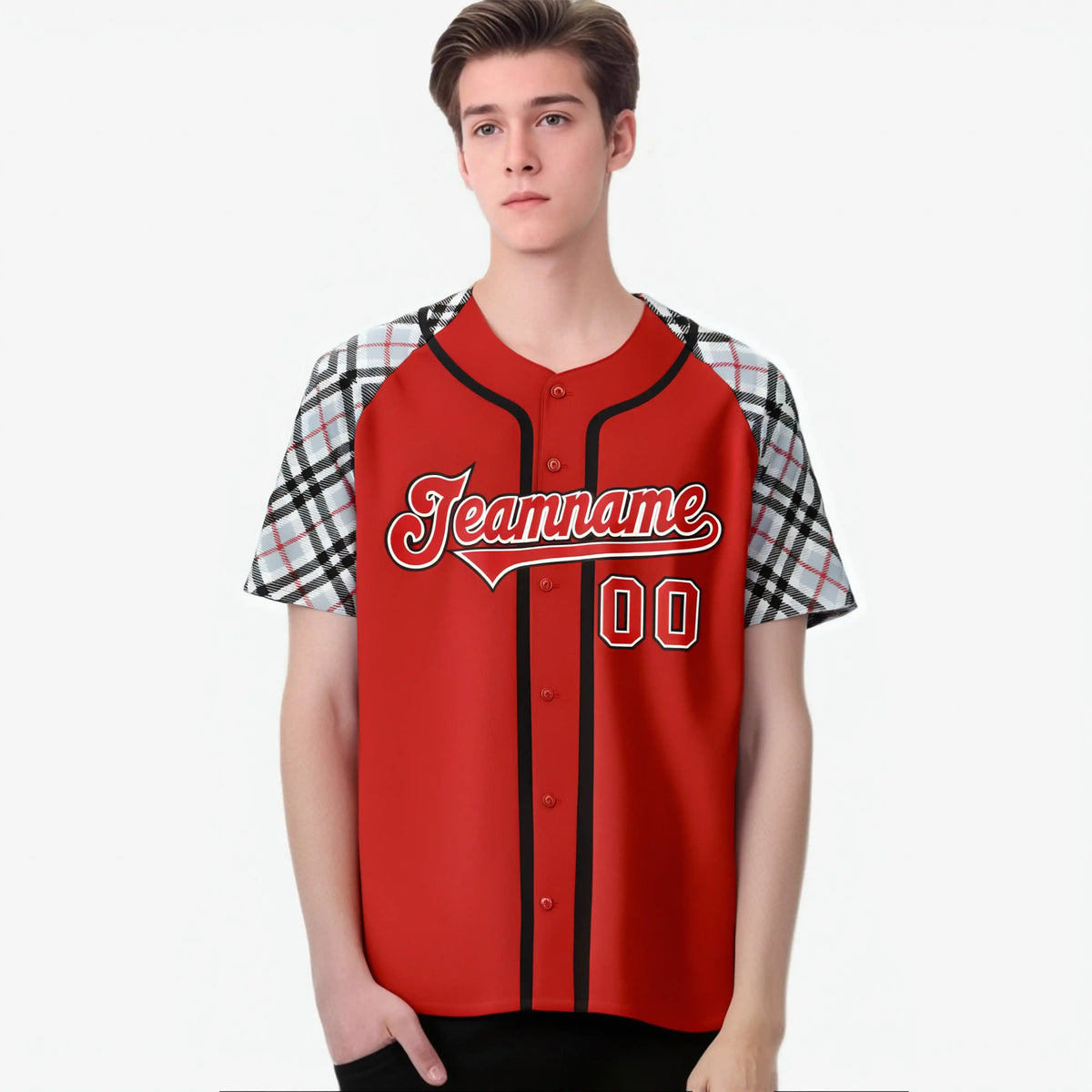 Custom Red Gray-White Black Authentic Plaid sleeve Baseball Jersey