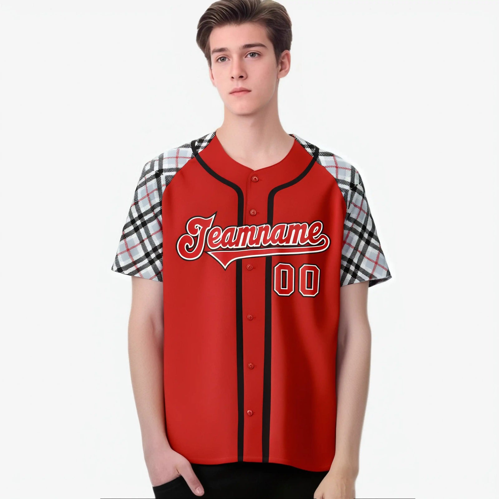 Custom Red Gray-White Black Authentic Plaid sleeve Baseball Jersey