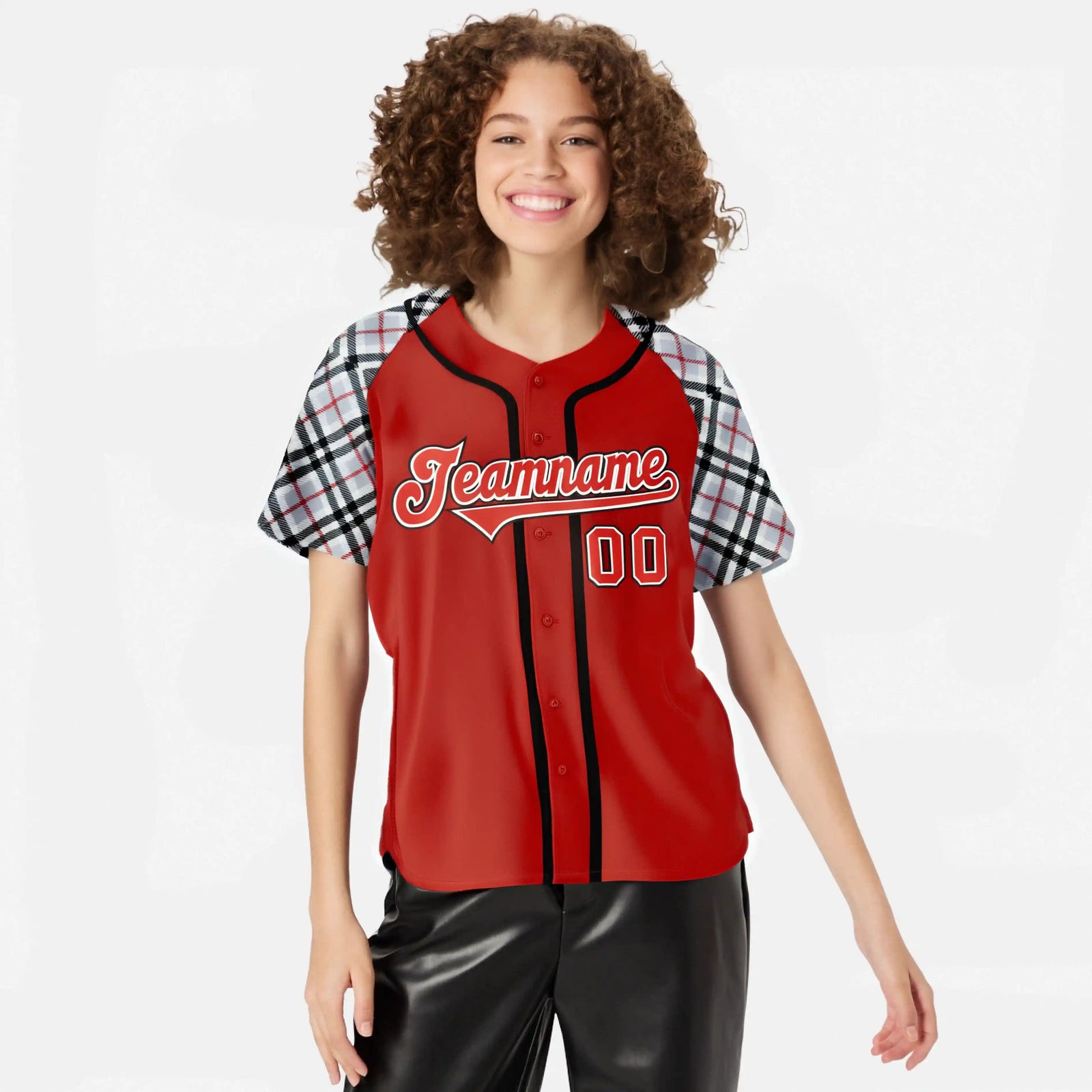 Custom Red Gray-White Black Authentic Plaid sleeve Baseball Jersey