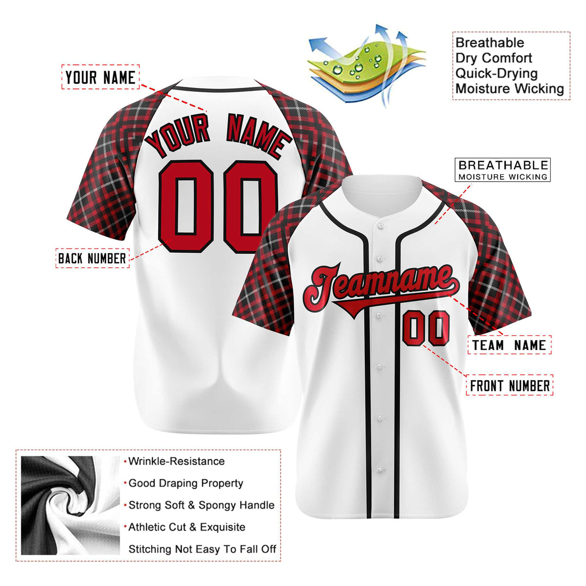 Custom White Crimson-Black Authentic Plaid sleeve Baseball Jersey