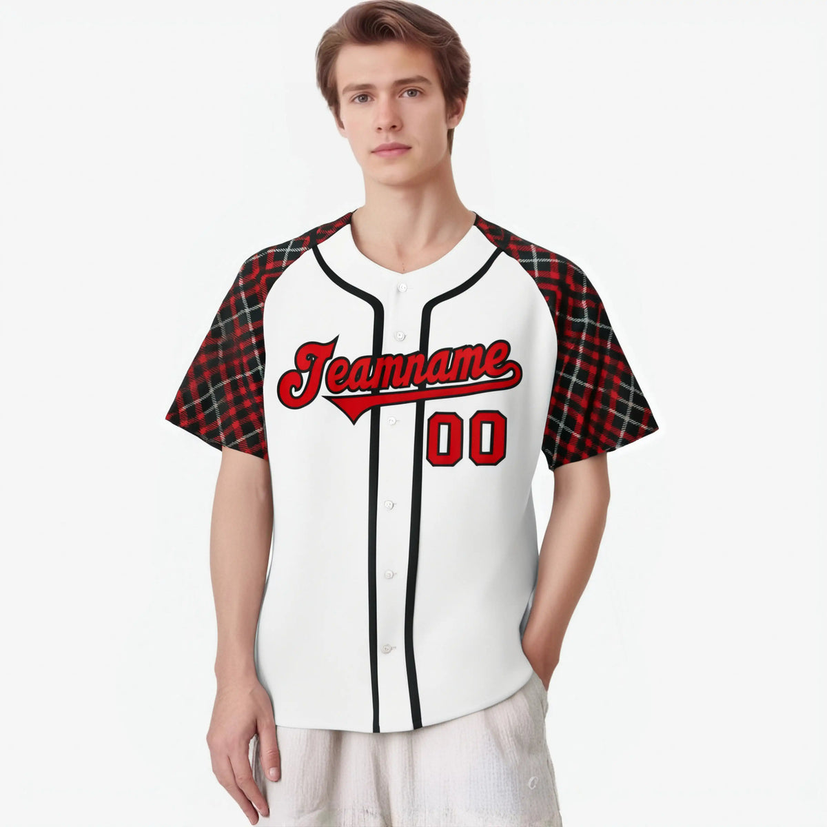 Custom White Crimson-Black Authentic Plaid sleeve Baseball Jersey
