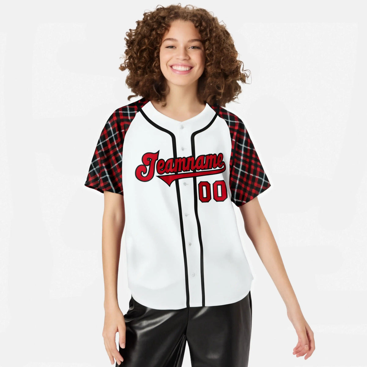 Custom White Crimson-Black Authentic Plaid sleeve Baseball Jersey