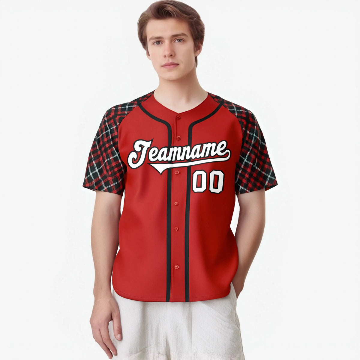 Custom Red Black-White Authentic Plaid sleeve Baseball Jersey
