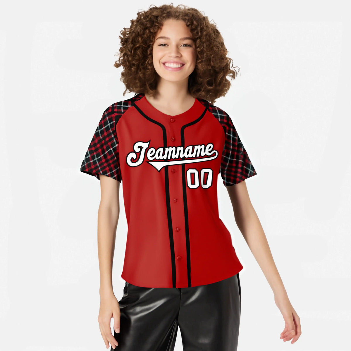 Custom Red Black-White Authentic Plaid sleeve Baseball Jersey