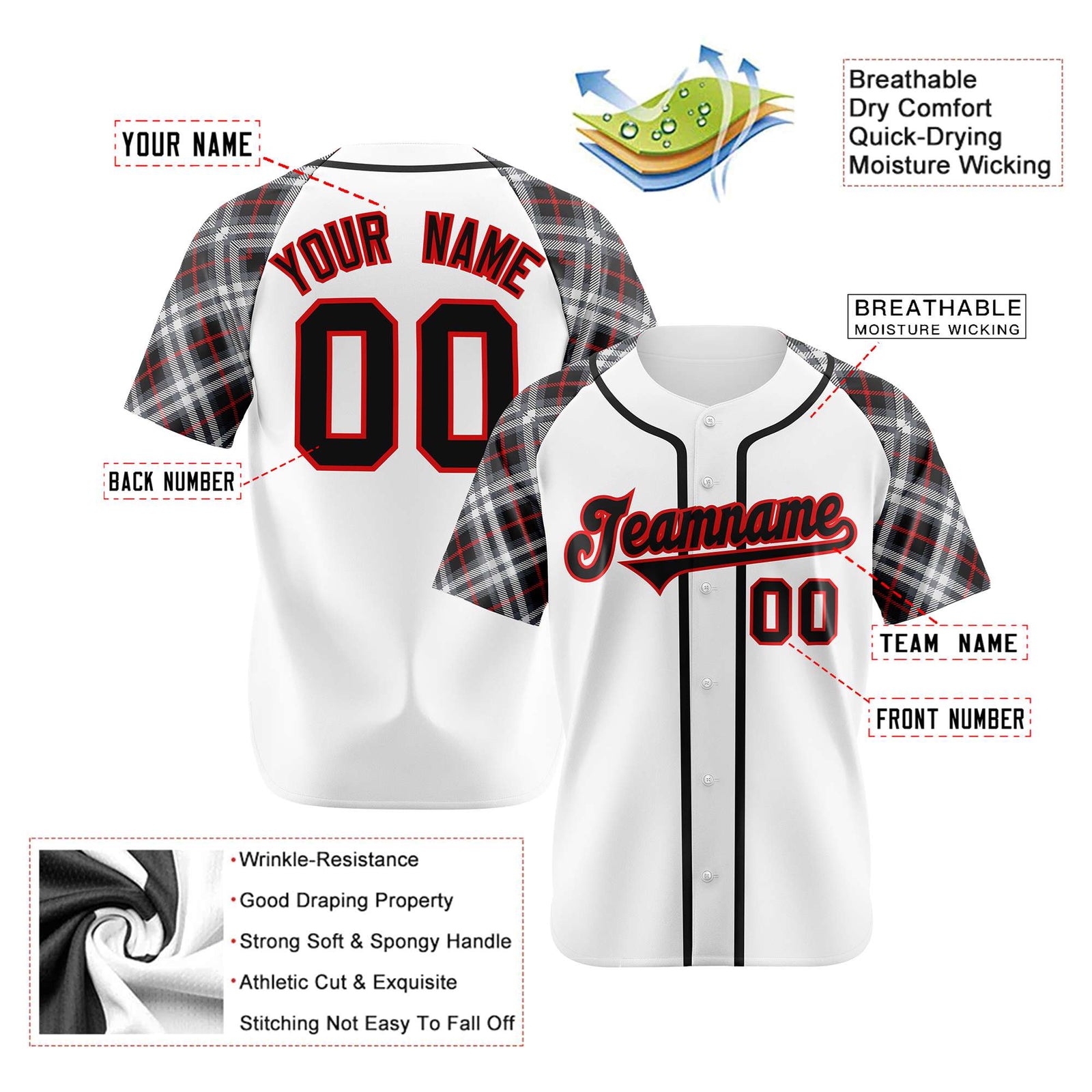 Custom White Red-Black Authentic Plaid sleeve Baseball Jersey