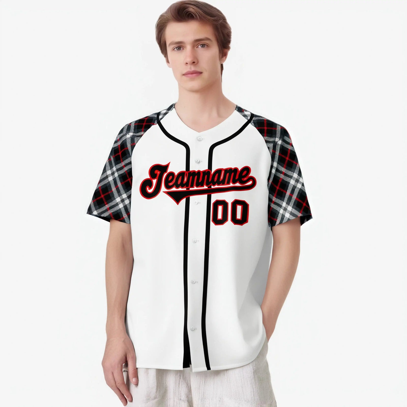 Custom White Red-Black Authentic Plaid sleeve Baseball Jersey